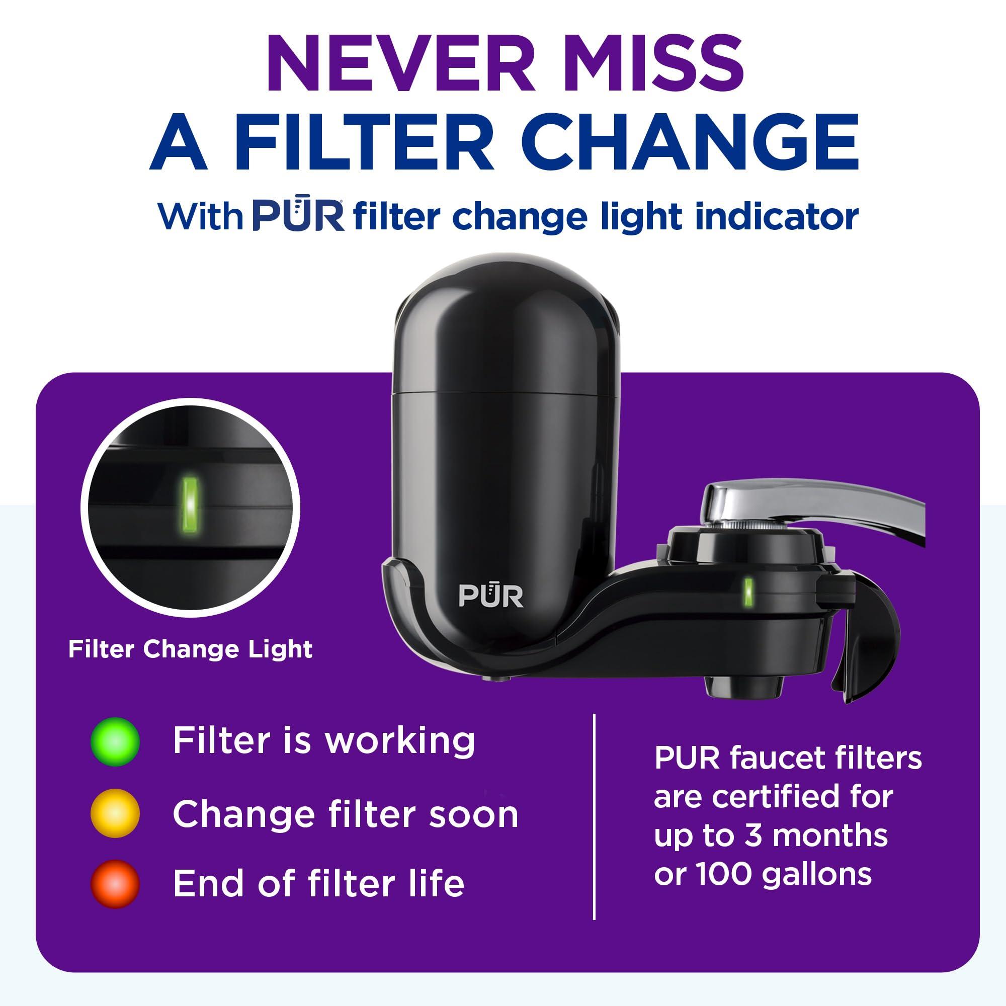 PUR PUR Vertical Faucet Mount Water Filtration System with Lead Reducing Filter for Cleaner, Filtered Tap Water, Lasts 100 Gallons, Sink Water Filter, Fits Most Kitchen or Bathroom Faucets, Black