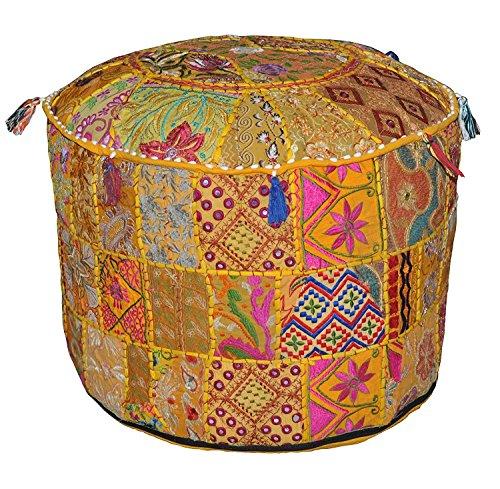Sophia-Art Sophia-Art Indian Embroidered Patchwork Cover Indian Decorative Pouf Indian Comfortable Floor Cotton Cushion Ottoman Pouf,Indian Designs Ethnic Patchwork Pouf (Yellow, 18\"x13\")