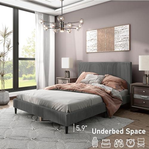 HOMES: Inside + Out HOMES: Inside + Out Lysandra Modern Bed Frame Queen Size with Upholstered Headboard and Corduroy Fabric Cover, No Box Spring Needed for Bedroom, Guest Room, Dark Gray