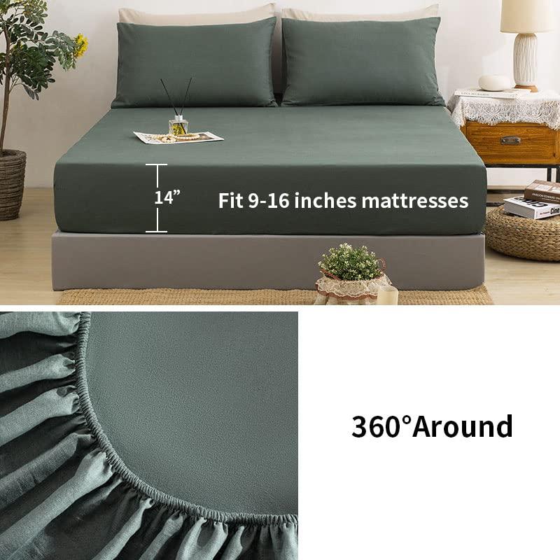 TUMEI TUMEI Bed Linen Set - 4Pcs Linen Sheets Set King, Green, Soft Breathable and Durable, Deep Pocket Fitted Sheet & Flat Sheet & 2 Pillowcases