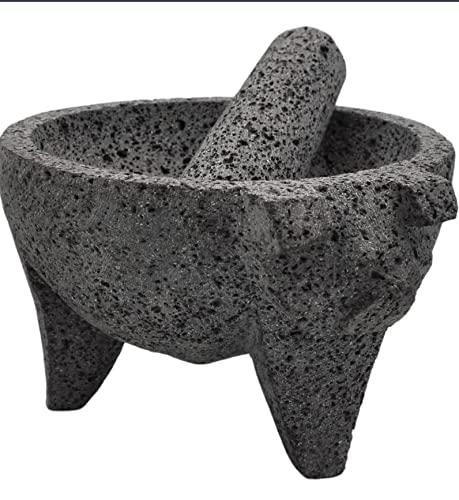 Lindo Brand Lindo Brand 8.6 inch Molcajete Mortar and Pestle with Pig Design, Mexican Handmade with Lava Stone Ideal as Herb Bowl, Spice Grinder, Volcanic Stone