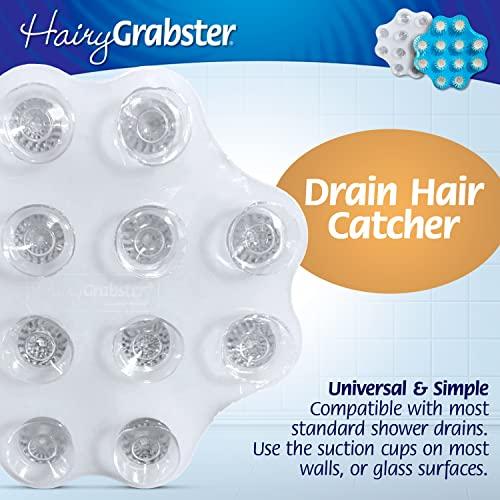 HairyGrabster As Seen on Shark Tank Hair Shower Drain Hair Catcher, Hair Stopper Bathtub Drain Protector, & Catcher Drain Cover Alternative, Must-Haves HairyGrabster, 2 Pack, White & Blue