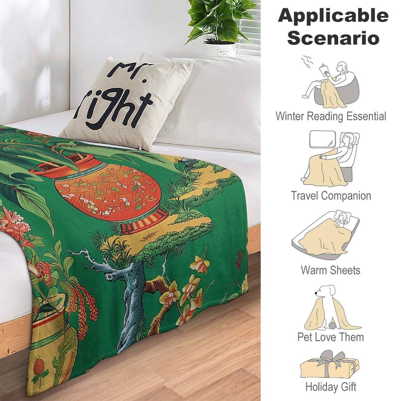 MangGou MangGou Ming Vase Green Fleece Blanket Chinoiserie Green Vase Flower Blanket Japanese Asian Style Sofa Bed Throw Blanket Warm Soft Flannel Blankets 30x40in Winter Christams Gift