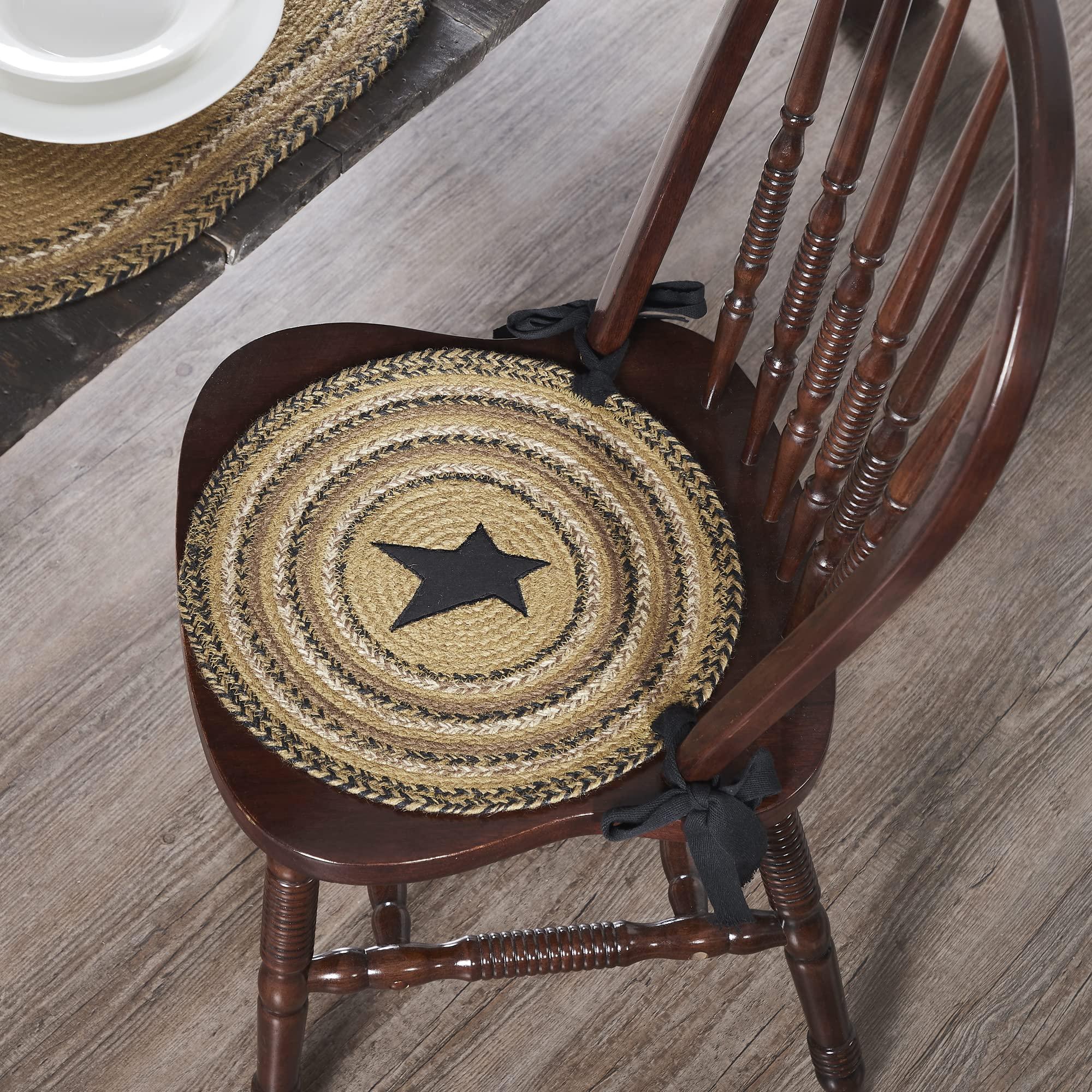 VHC Brands VHC Brands Kettle Grove Woven Jute Chair Pad with Ties, Set of 4, 15\" Round, Applique Star