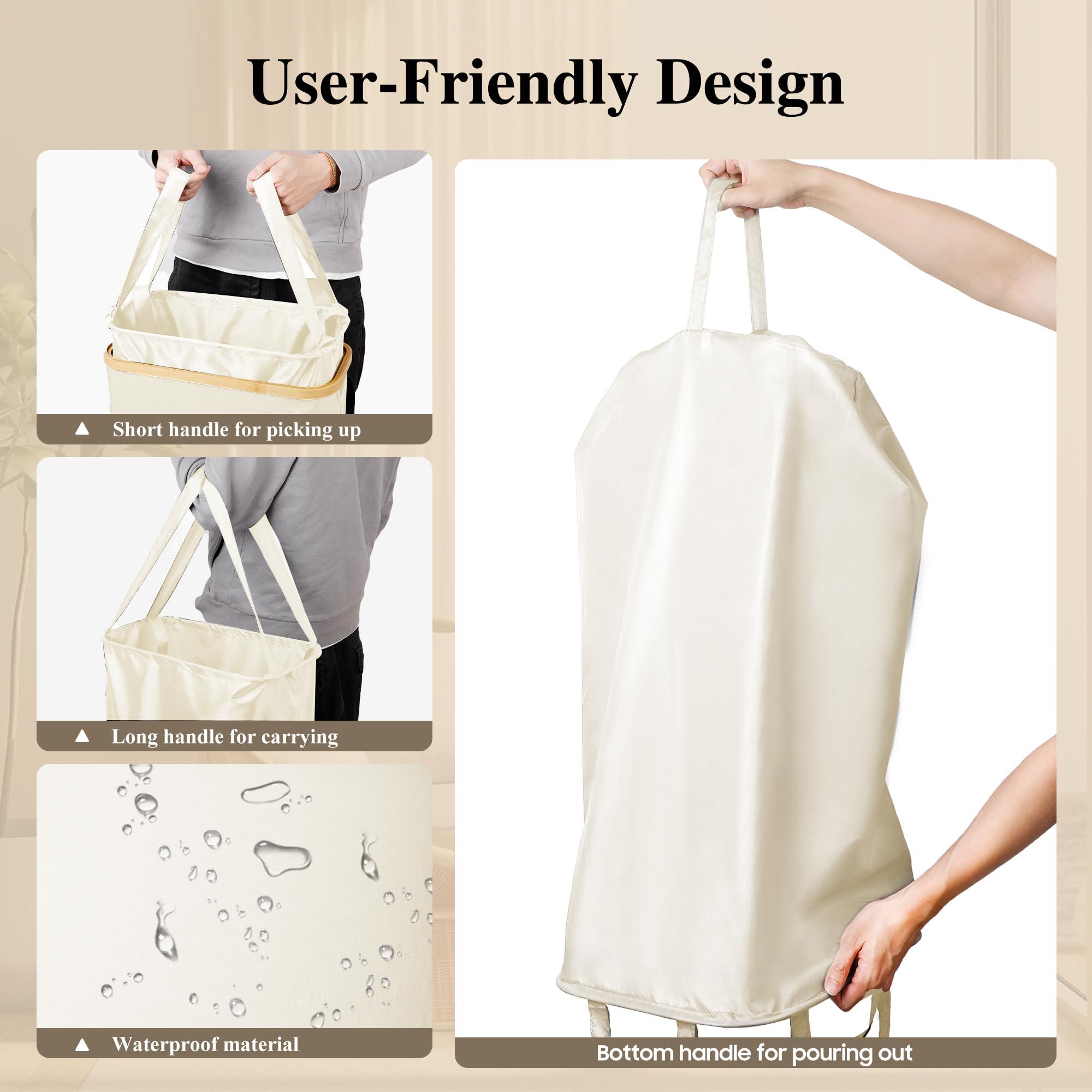 Foluck Foluck Slim Laundry Hamper, 60L Waterproof Narrow Laundry Basket with Lid and Removable Bag, Collapsible Tall Clothes Hamper with Bamboo Handles for Clothes Toys in Dorm Bedroom Bathroom, Beige