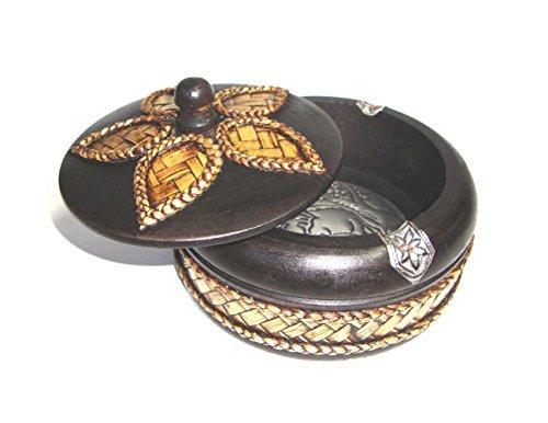 touchable_dream touchable_dream Ashtray Thai Carved Handicraft Round Mango Wood with Elephant Silver Plated and Covered by Bamboo with Lid Wooden Ashtray