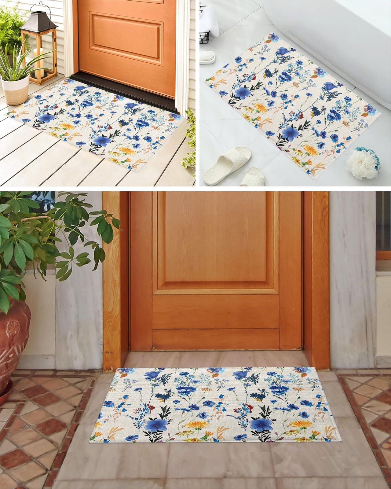 Edwiinsa Edwiinsa Botanical Flower Plush Rug Non Slip Bath Mat, Soft Shaggy Long Fur Fuzzy Bath Rugs 20\" x 31.5\" Blue Farmhouse Country Leaves Carpet Mat for Bathroom Shower Home