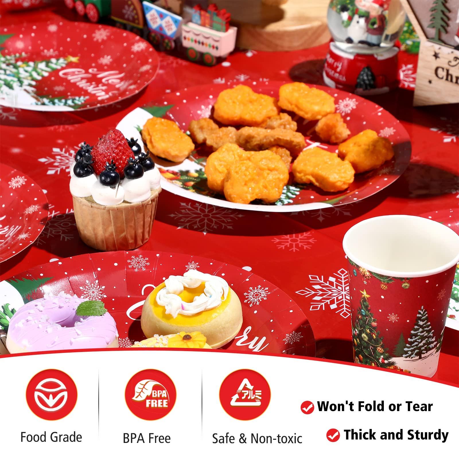 Tiamon Christmas Party Supplies Tableware Set Xmas Party Decoration Christmas Tree Paper Plates Napkins Snowflakes Tablecloths Merry Christmas Banner Holiday Disposable Dinnerware Serves 24 Guests