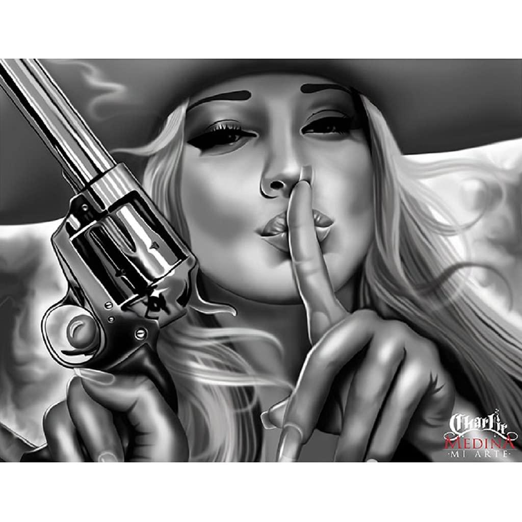 Black Market Art Company Queen of The West by Charlie Medina Cowgirl Black White Tattoo Canvas Art Print