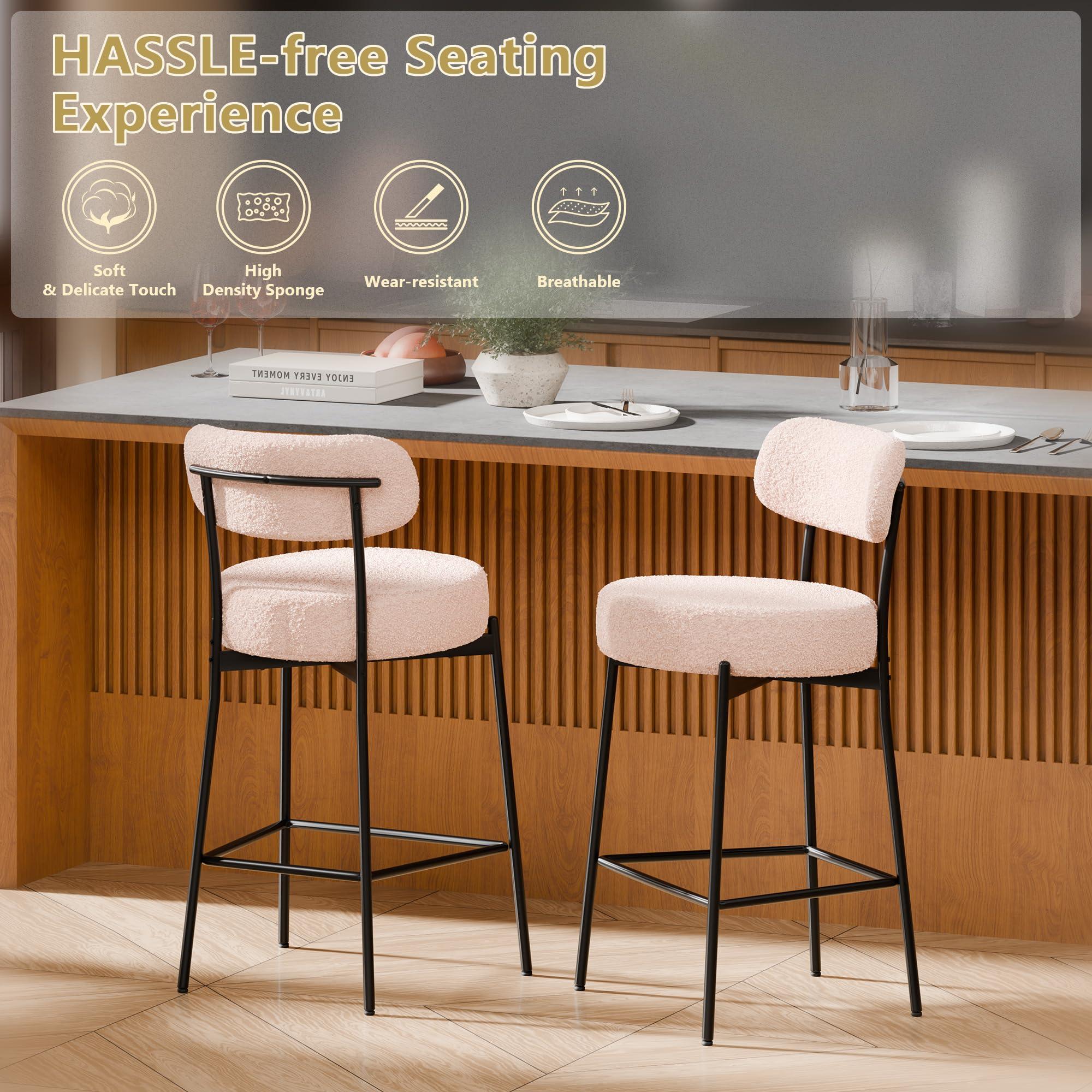 DYHOME DYHOME Bar Stools Set of 3, 24 Inches Modern Counter Height Bar Stools with Curved Back Metal Legs, Beige Upholstered Boucle Barstools for Kitchen Island, Cafe