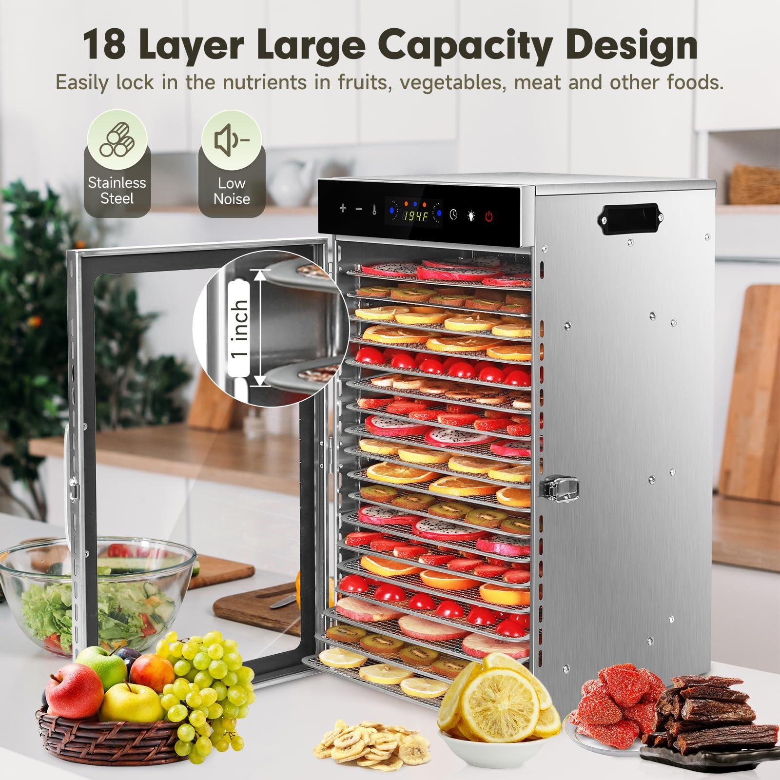SUCISENI SUCISENI Commercial Food Dehydrator Machine 800W 18 Trays Stainless Steel Food Dehydrated Dryer with 24H Timer Touch-Control LED Display Over Heat Protection for Jerky Herbs Meat Beef Fruit Vegetables