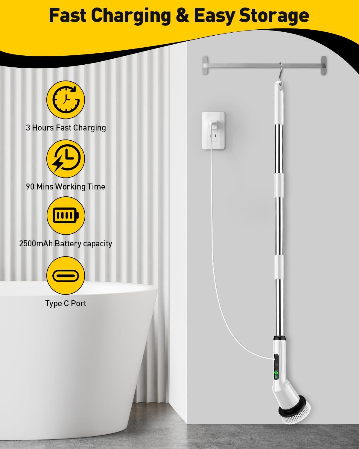 CTMAST Electric Spin Scrubber for Cleaning Bathroom, Shower Scrubber Cordless Cleaning Brush with IPX7 Waterproof & 2 Speed, 3 Brush Heads, Bathroom Cleaning Supplies for Shower Tub Kitchen Tile Toilet White