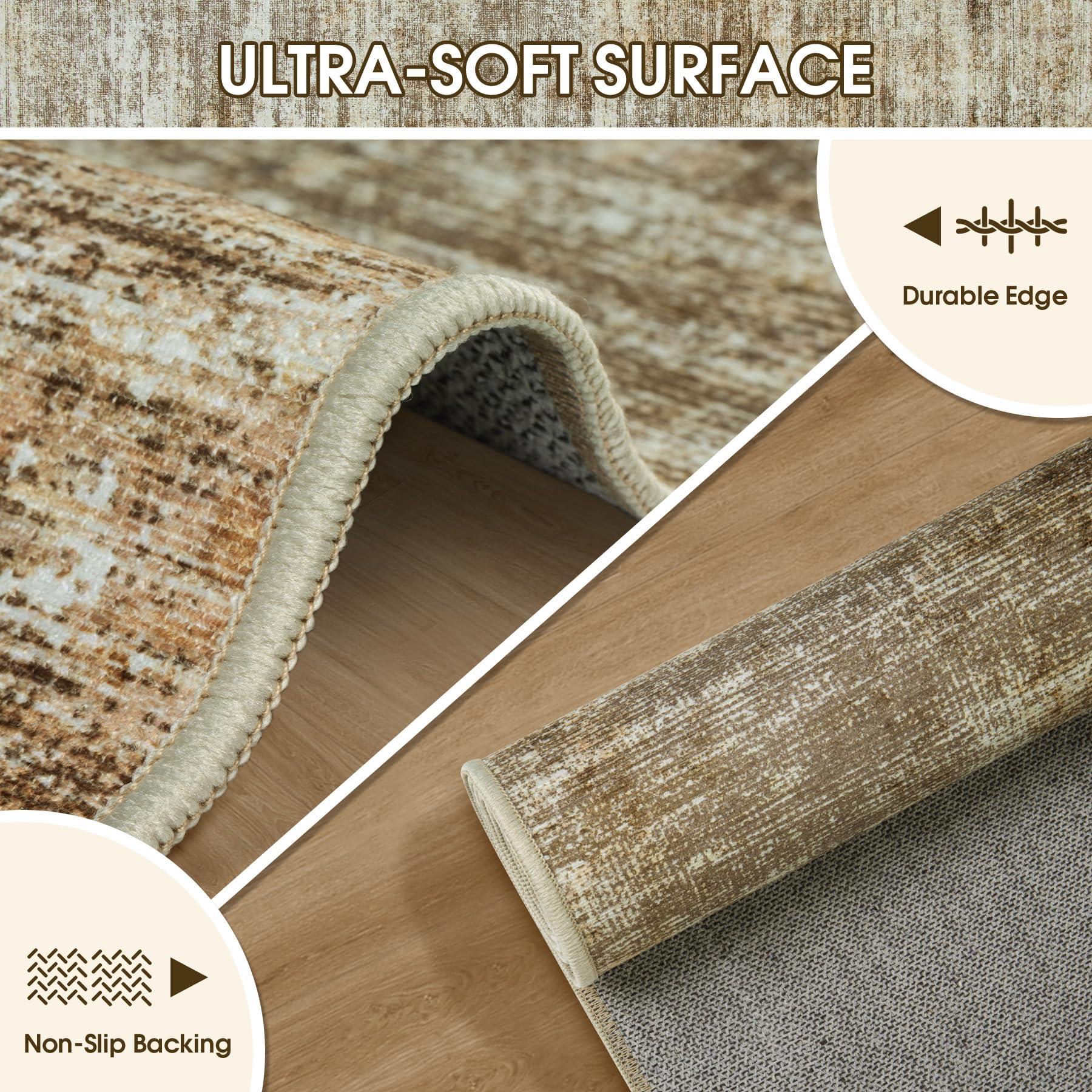 Tosuoka Area Rug 9x12 Washable Rugs: Abstract Large Living Room Rugs with Non-Slip Backing, Thin Carpet for Dining Room Table Bedroom Nursery Indoor Home Office-Brown