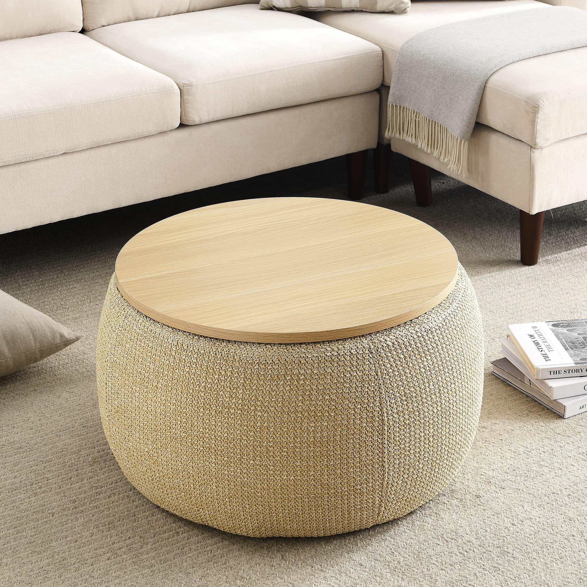 Kakotito Kakotito Modern Round Storage Ottoman with Wooden Lid,Circle Ottoman Handmade Ottoman Coffee Table,End Table & Footstool for Living Room (Natural)