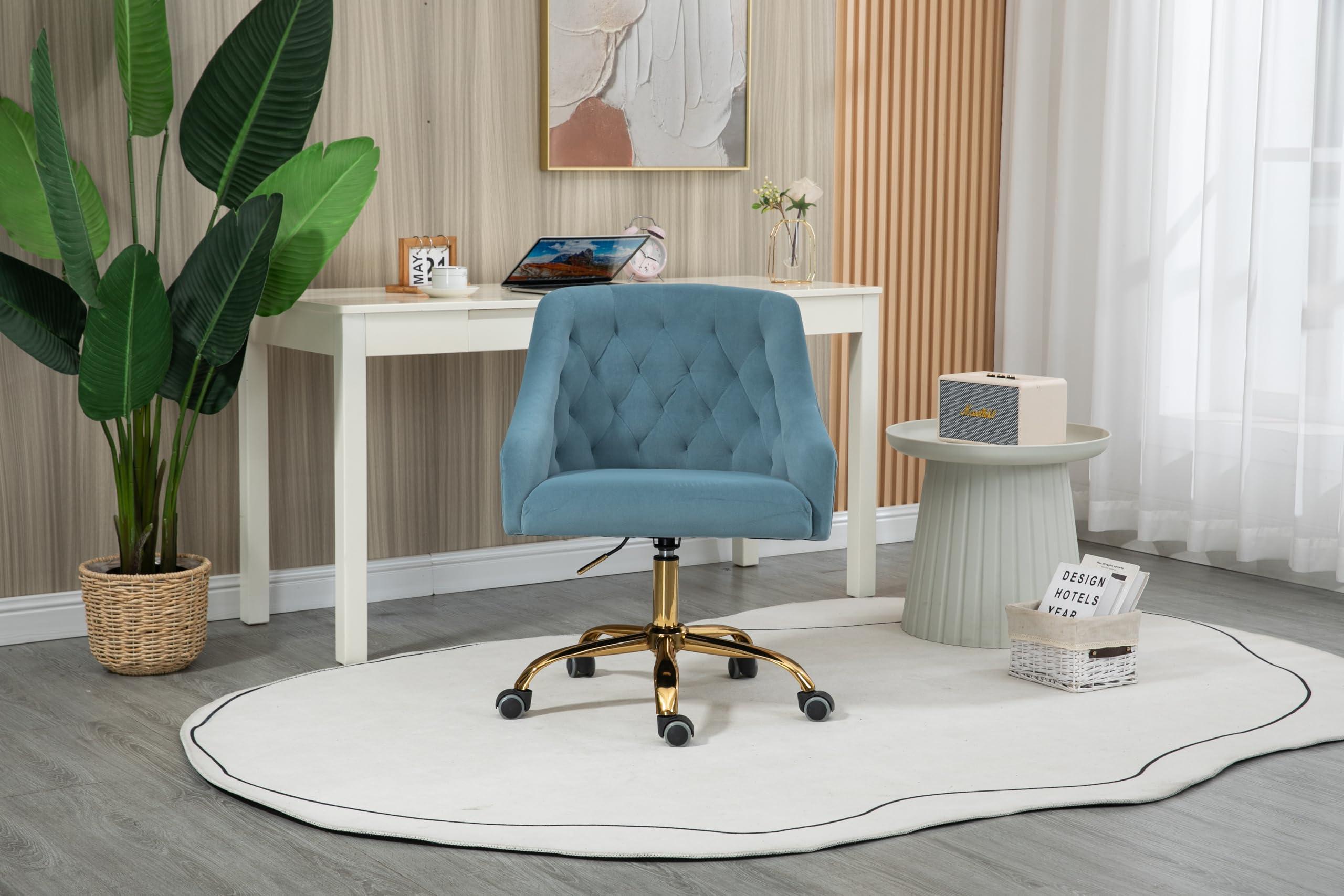 ZOBIDO ZOBIDO Comfy Home Office Task Chair with Wheels, Cute Modern Upholstered Velvet Seashell Back Adjustable Swivel Vanity Desk Chair, for Women, for Girls, Living Room(Haze Blue)