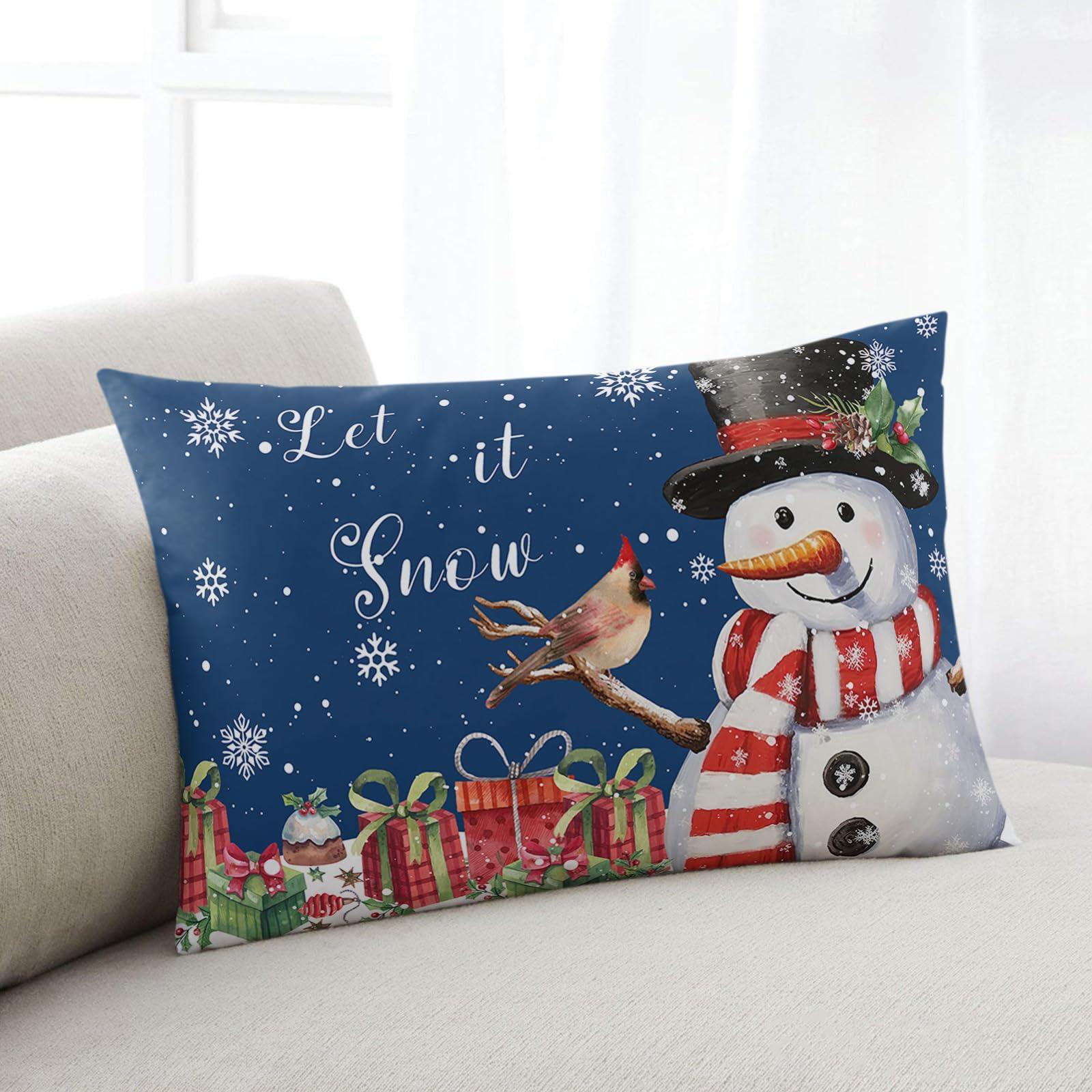 SEVENBABU Christmas Throw Pillow Cover 12x20 Inch Farmhouse Decorative Pillow Covers for Bed Winter Throw Pillowcase Cushion Case for Couch Living Room Christmas Winter Snowman Dark Blue Pillow Covers