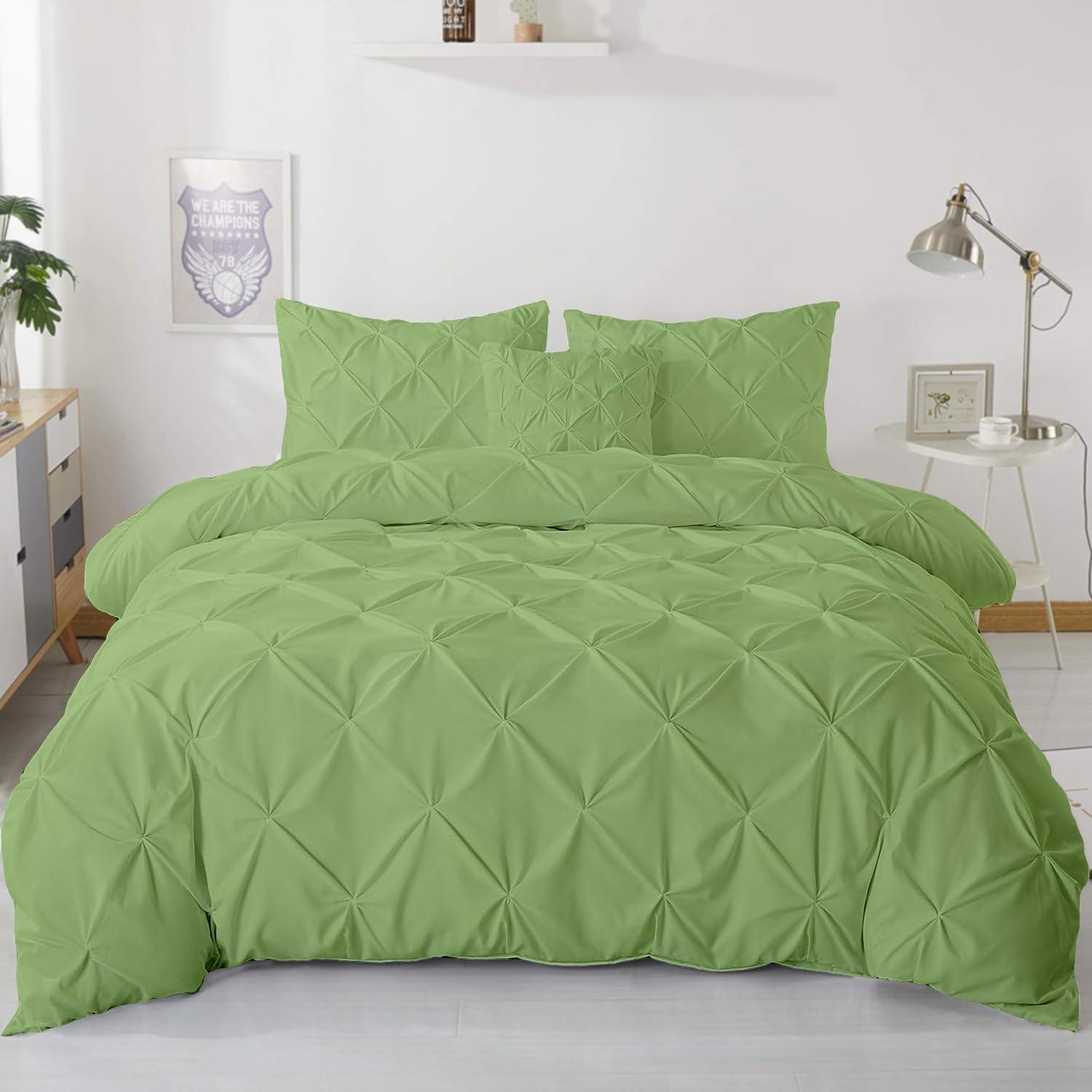 eBeddy Linens eBeddy Linens Pinch Pleated Pintuck Duvet Cover Set Full 80x90 Inch 100% Microfiber Soft and Breathable 3 Pieces Premium Comforter Cover Zipper Closure & Corner Ties, Moss