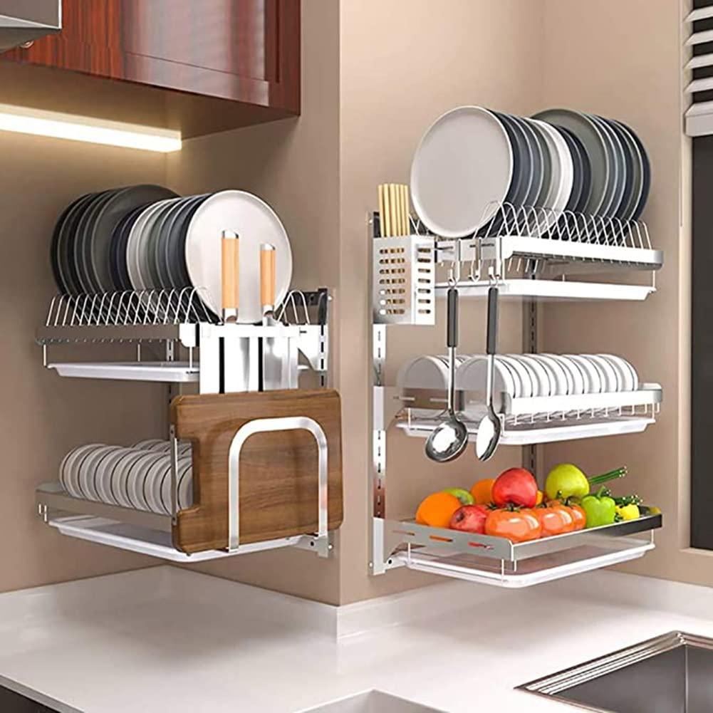ma hai fei 304 Stainless Steel Kitchen Dish Rack, 2/3-Tier Hanging Wall Mount Drying Organizer for Dishes, Bowls, Mugs Includes Drain Trays (Color : Silver-C, Size : 41.2x26.6x40.5cm)