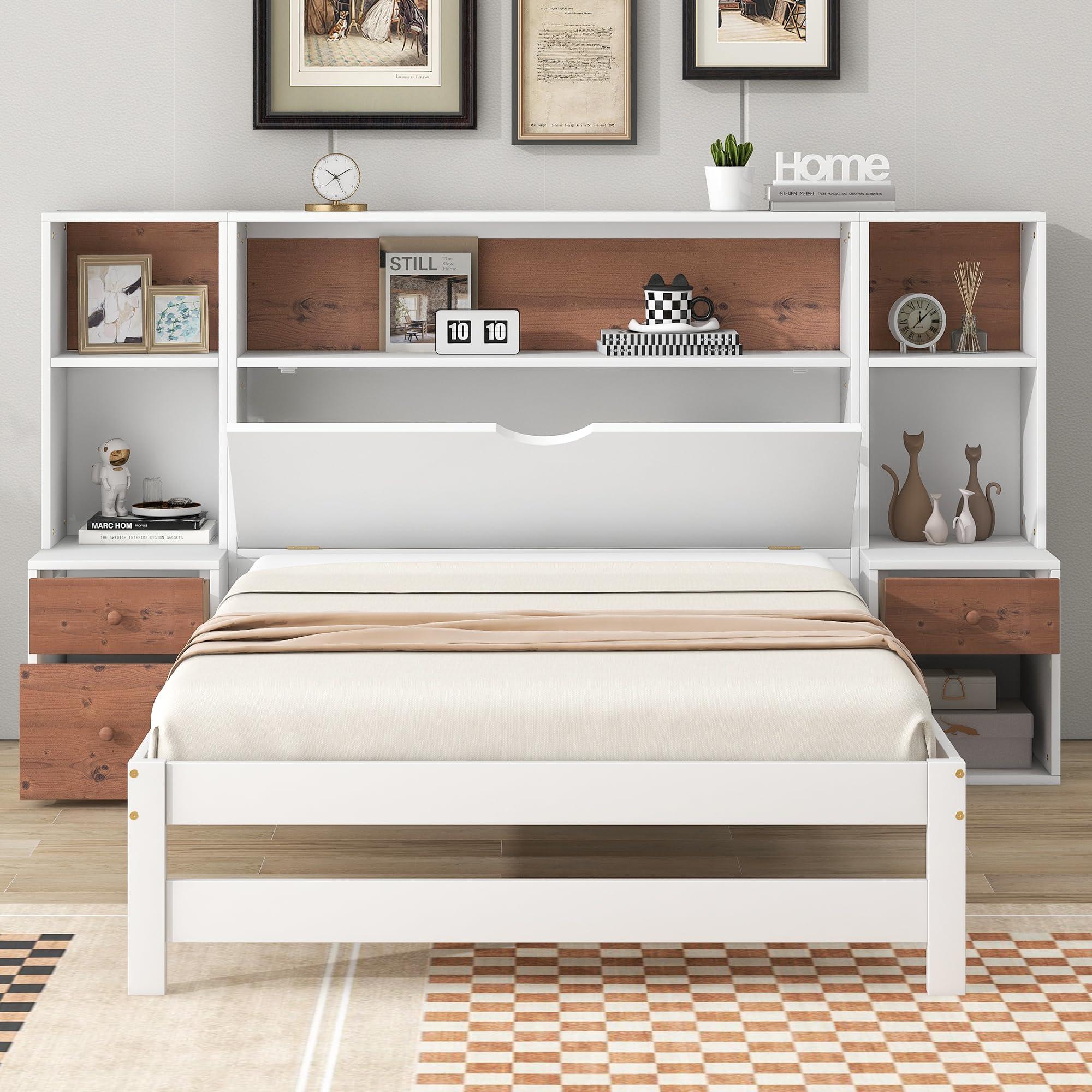 Brabrety Twin Size Platform Bed with Storage Headboard and Drawers,with Two Nightstands Solid Pine Wood Platform Bed,Plenty of Storage Makes it Ideal for Bedroom Furniture.