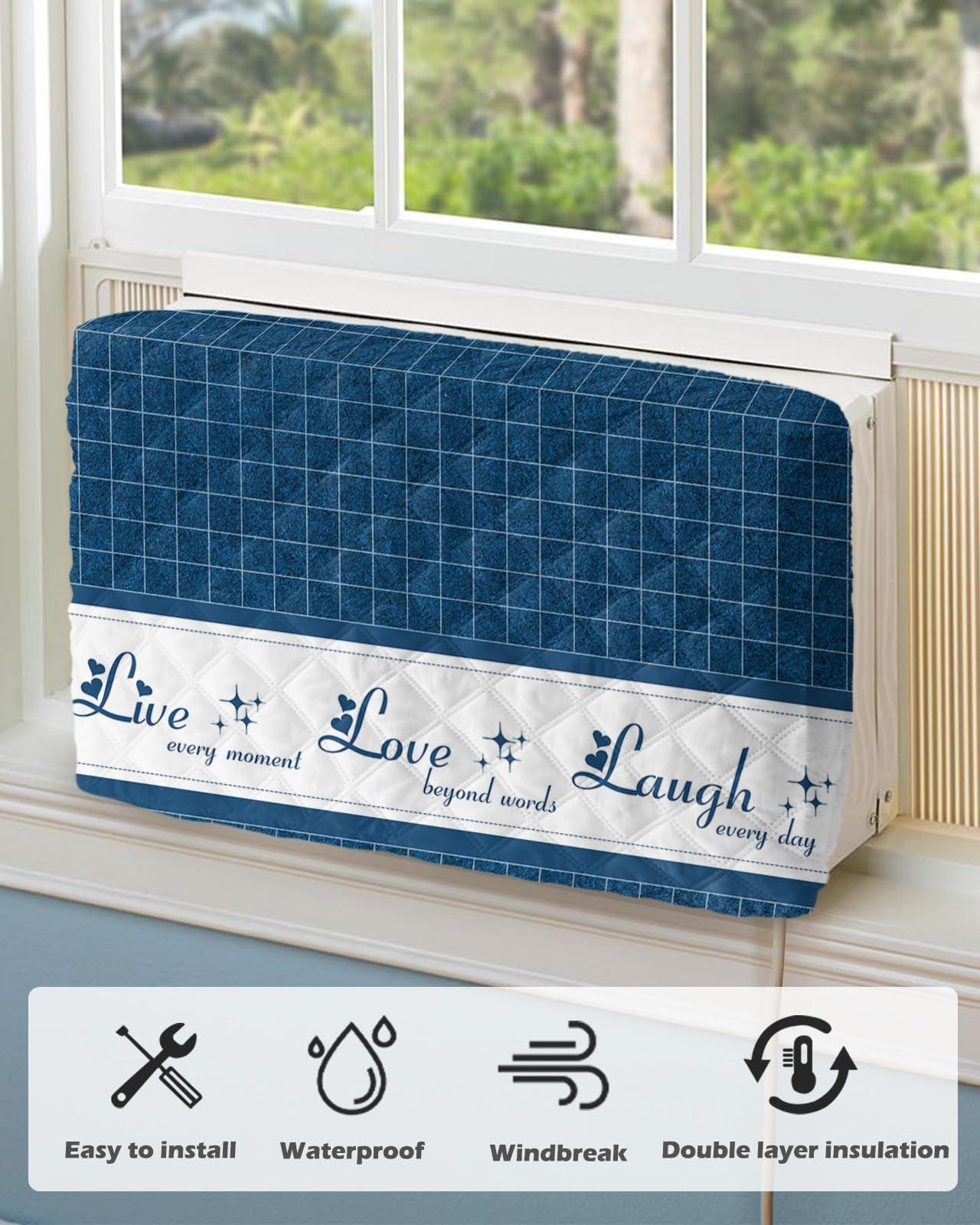Falaniique Live-Love-Laugh Indoor Air Conditioner Cover for Window Units, Double Insulation Adjustable Waterproof Indoor AC Cover with Elastic Straps Retro Buffalo Plaid Wall Blue 21'' x 15'' x 3.5''