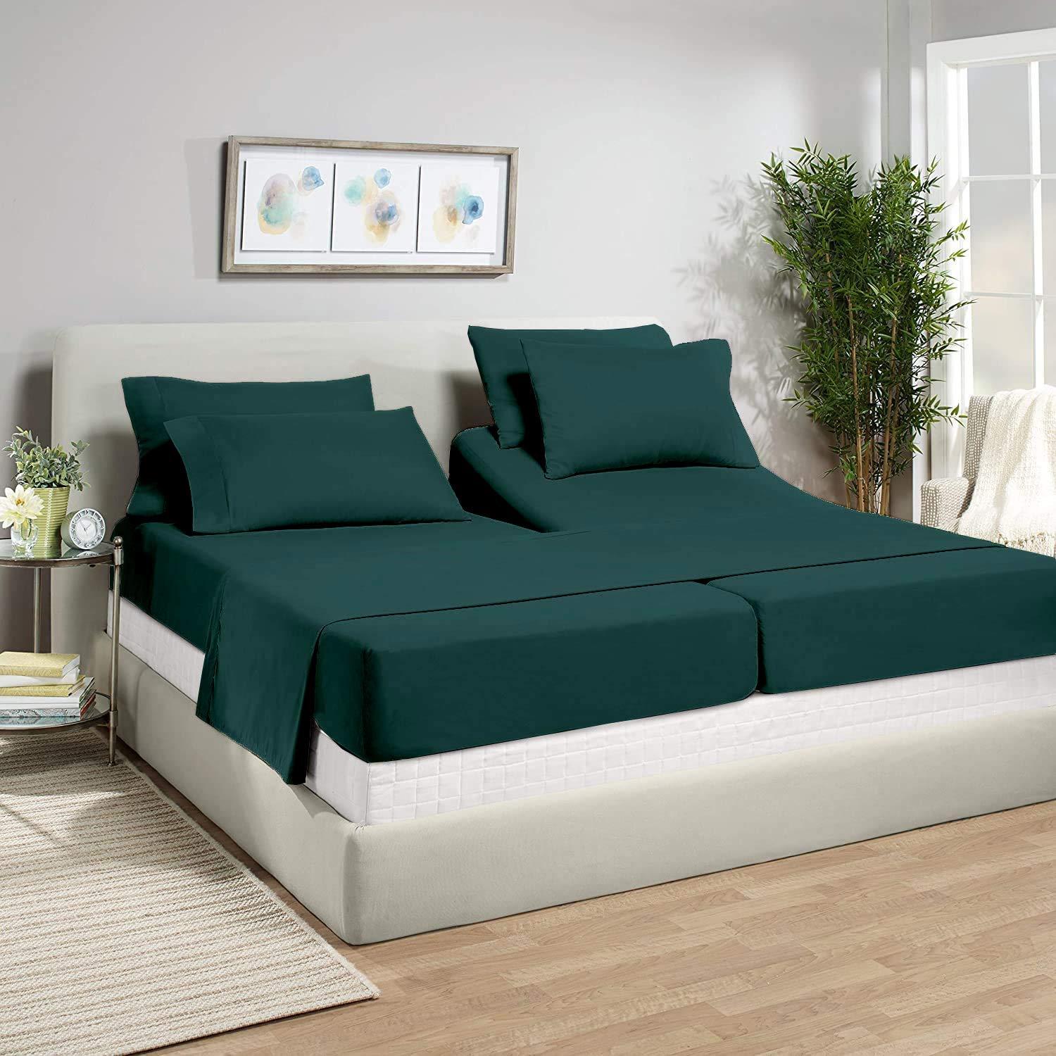 BeKind Online Split Cal-King Sheet Set for Adjustable Bed, 100% Egyptian Cotton 400 Thread Count, 24-Inch Extra Deep Pockets Split Calking Bedsheet with 2 Fitted, 1 Flat, 2 Pillow Cases, Sateen Weave - Teal Blue