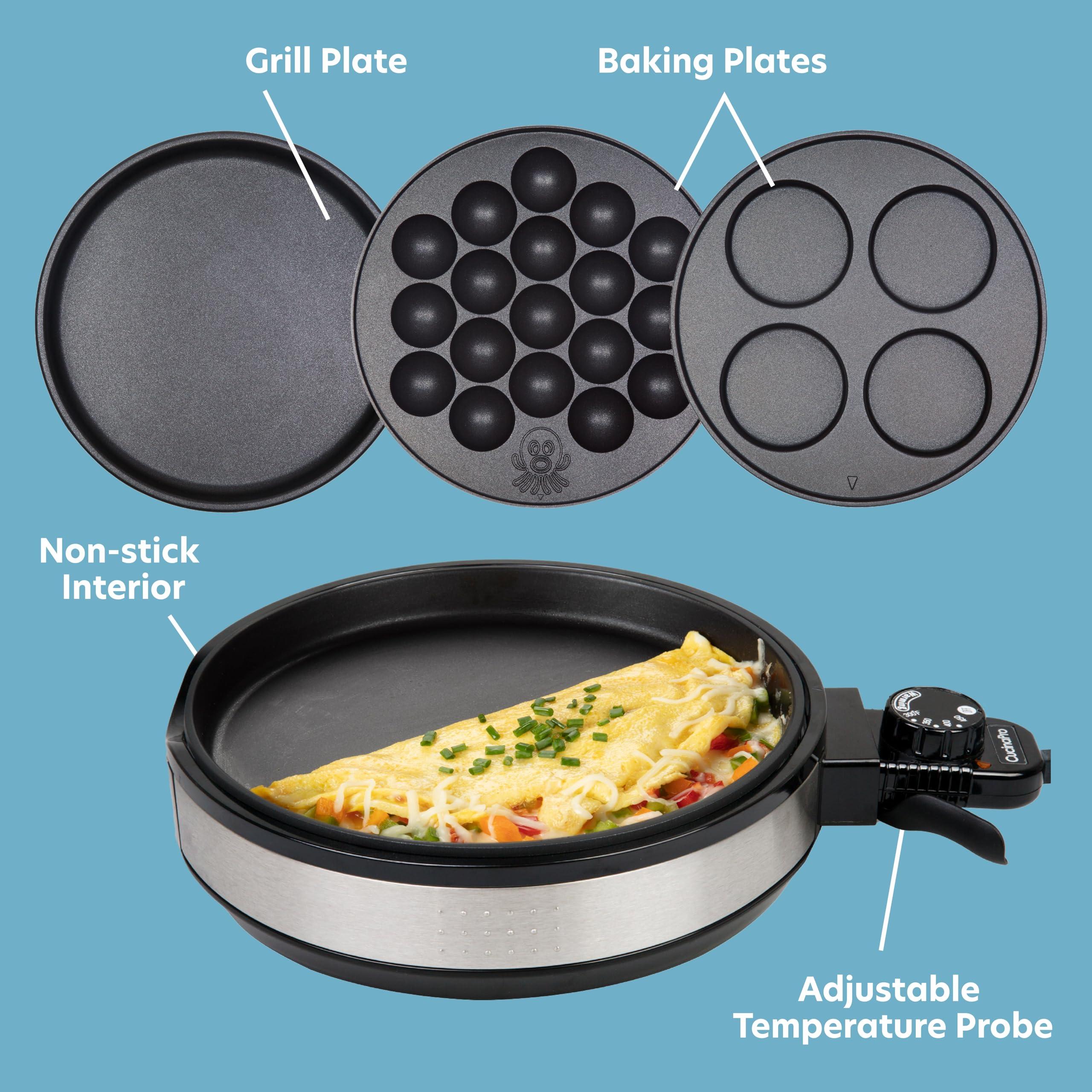 CucinaPro Multi Baker Deluxe- Baking Made Easy- Electric Appliance w Temp Control, 3 Interchangeable Skillets for Grilling Baking or Dessert Making- Grilled Cheese Omelets Pizza, Sandwiches, Cake Pops Xmas Gift