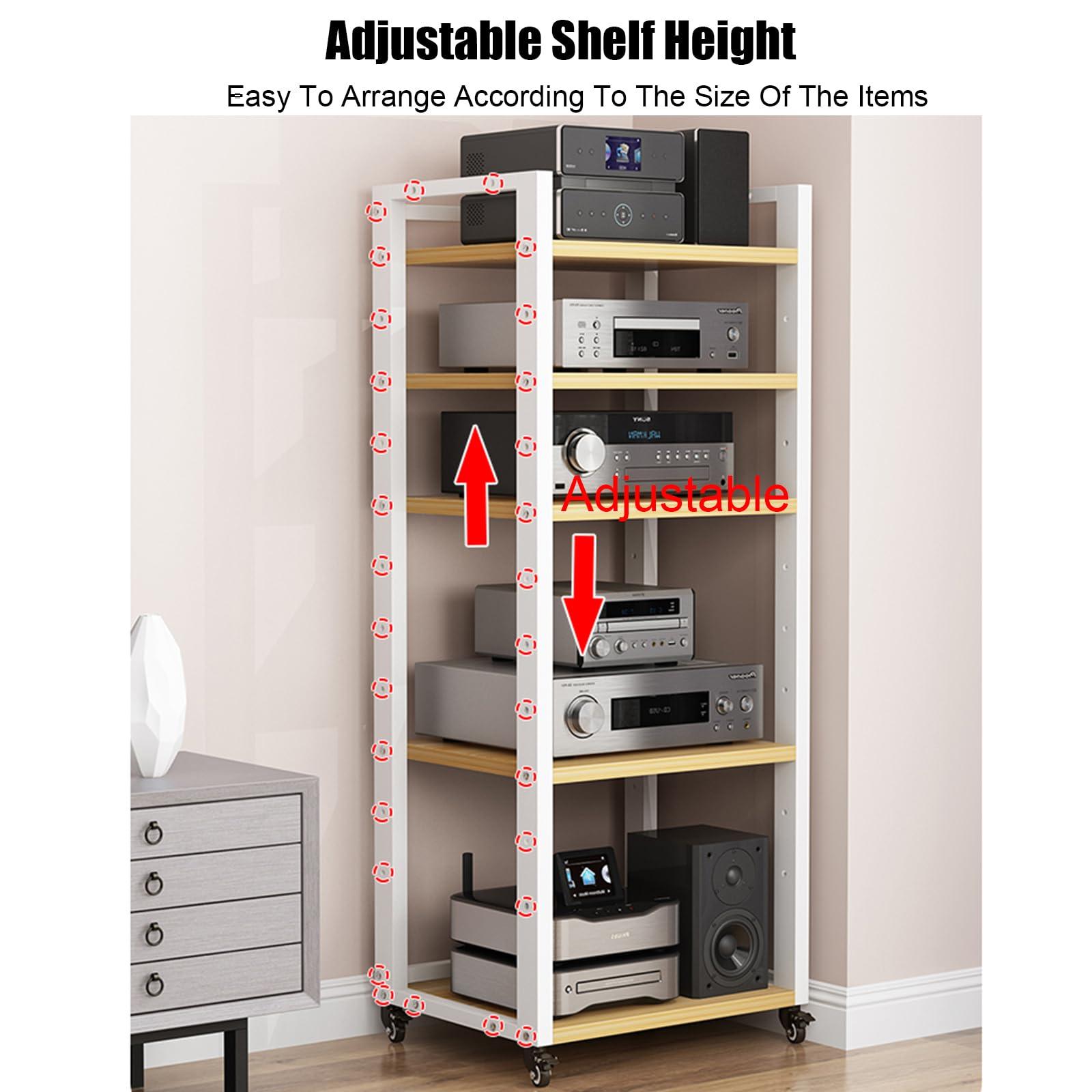 JIXDILO JIXDILO 4-Tier AV Media Stand with Wheels Adjustable Height Wooden Shelves Stereo Component Cabinet Storage Rack Audio Rack Tower for DVD Players Game Console TV Box(7-Tier, White+Wood)