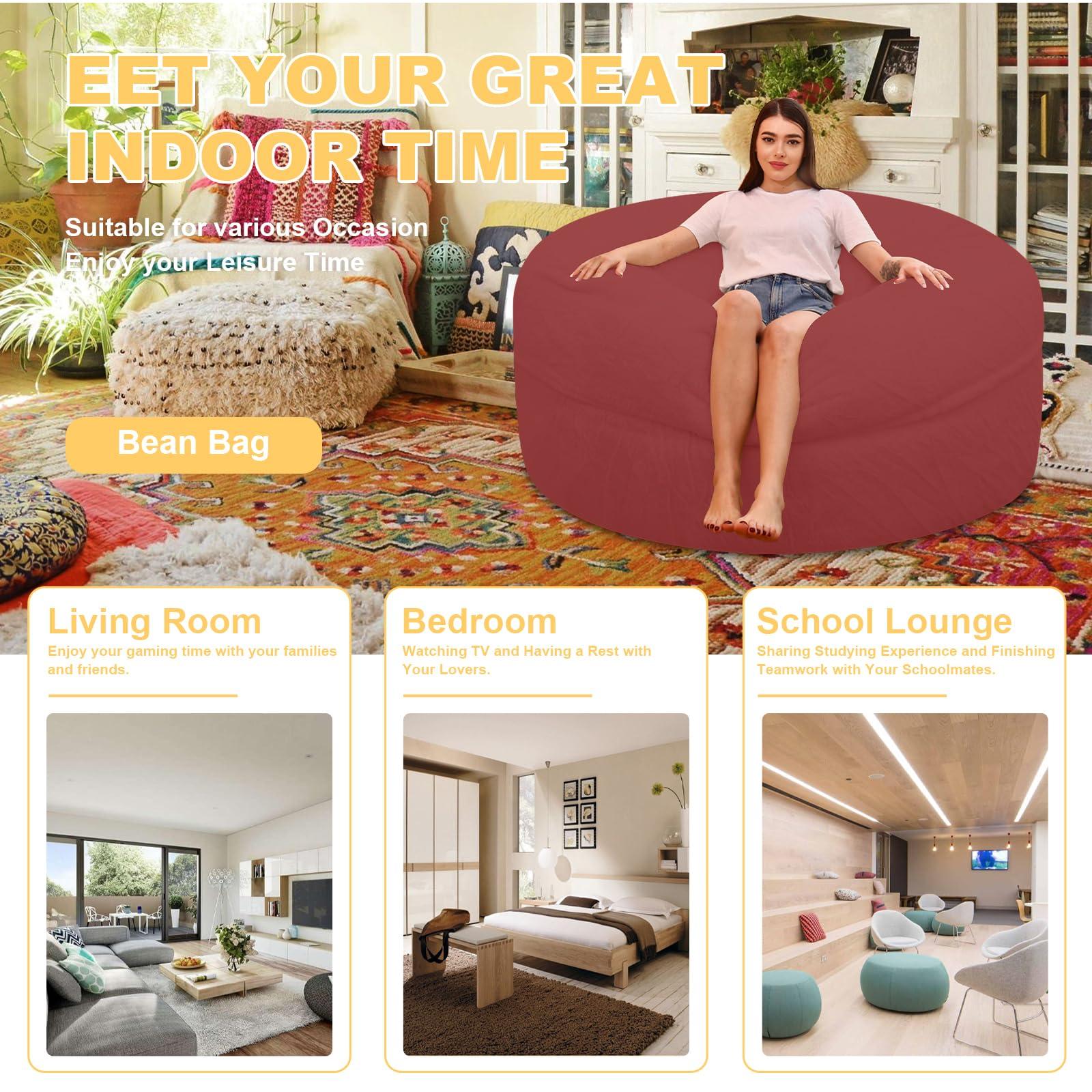 JZGYDD Bean Bag Chair with Filler, Giant Memory Foam Bean Bag Chair, Comfy Bean Bag Chair for Adults/Teens Round bean bag fluffy for Living Room Bedroom (wine red,7ft)