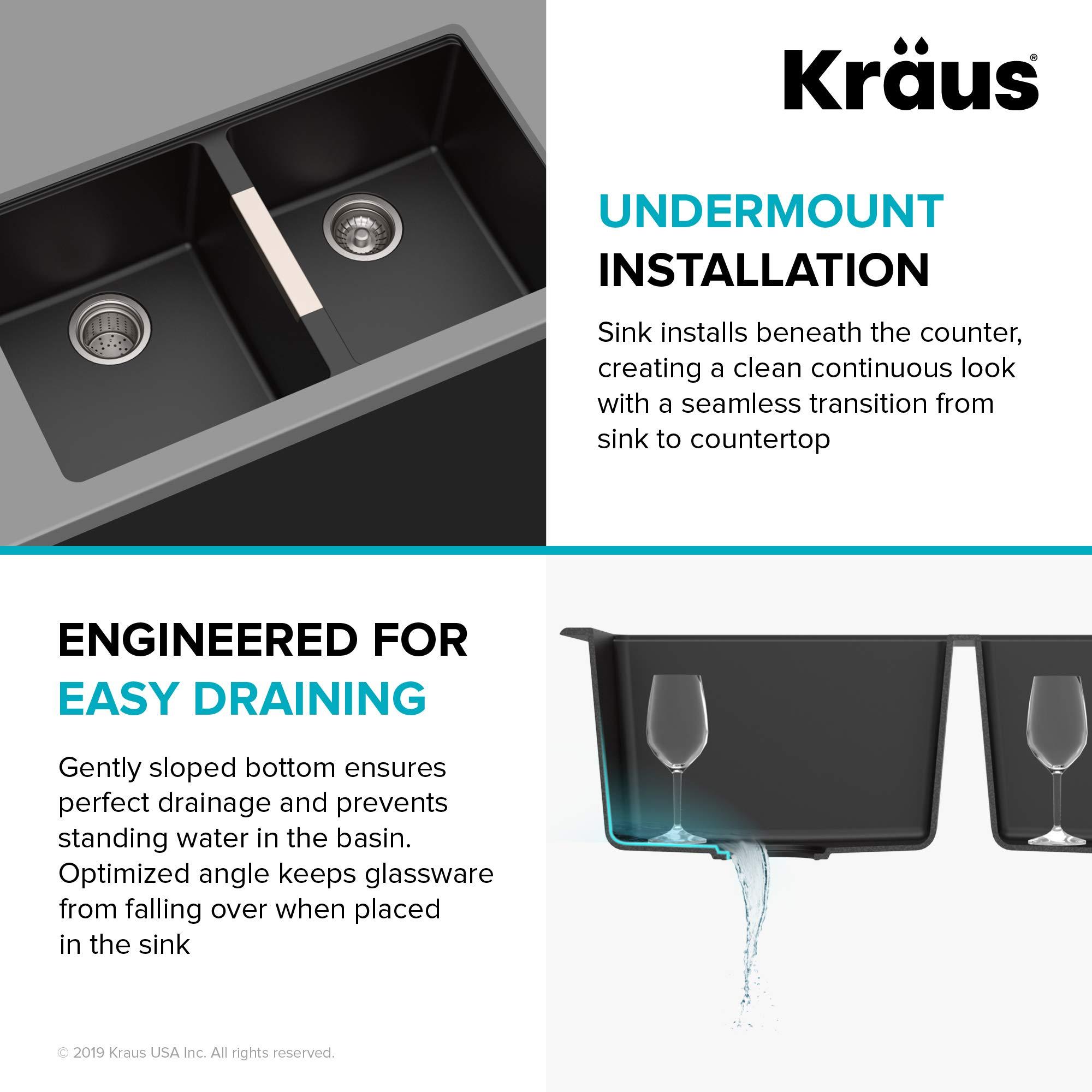Kraus KRAUS Quarza 33-inch Undermount 50/50 Double Bowl Granite Kitchen Sink in Black Onyx, KGU-434B