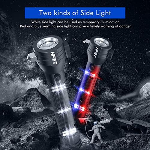 NPET NPET T10 Car Flashlight 500 Lumens LED COB Light Solar Powered USB Rechargeable Tactical Multi-Function Torch Tool with 120dB Siren Window Breaker Seat Belt Cutter Compass for Camping