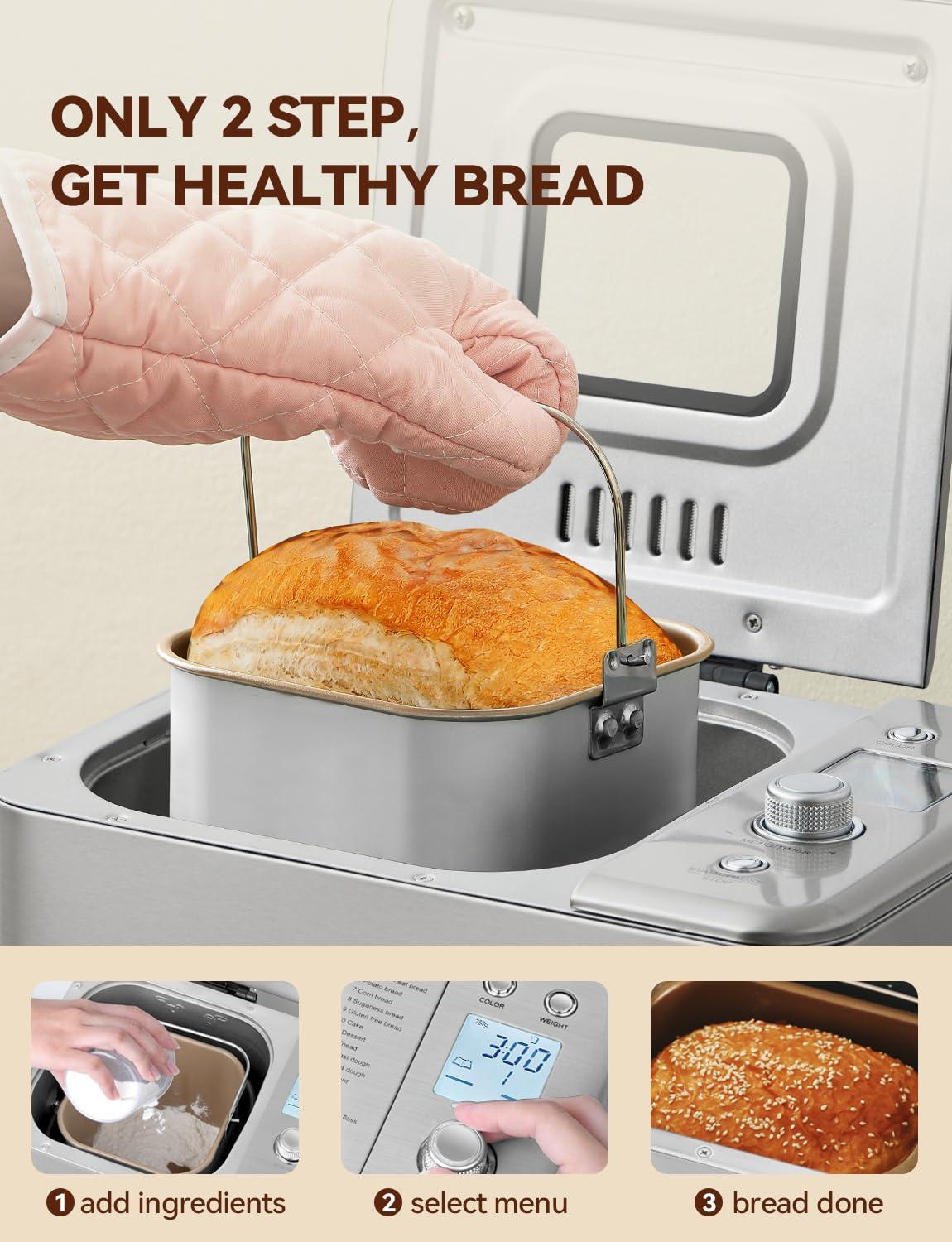 Neretva Neretva Bread Maker, [20-IN-1 & Dual Heater & 2LB]Smallest Size Bread Machine Nonstick Ceramic Pan Bread Maker Machines All Metal for Gluten Free/Dough Maker/French/Dried Meat Floss/Jam/Yogurt(Silver)