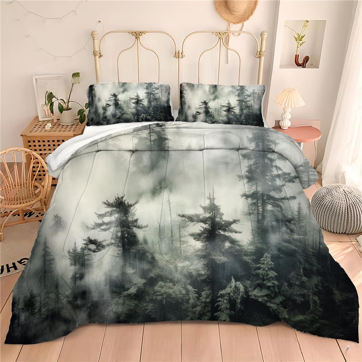 BIVVI BIVVI Smoky Bedding Set King Size, Misty Forest Gree Trees Natural Scenery Art Quilt Set, 3pcs Ultra Soft and Breathable Comforter Set, 103x90 Inches
