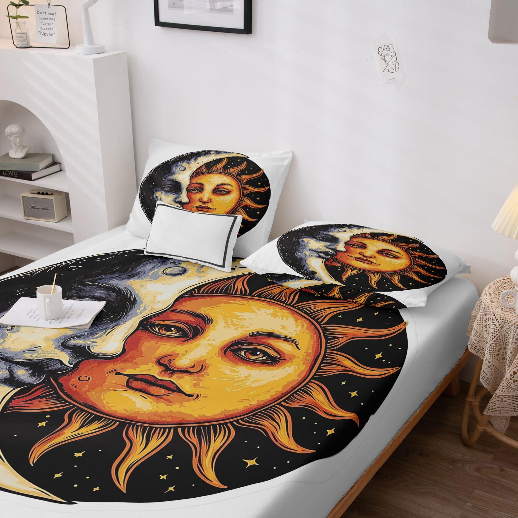 THYUNQ THYUNQ Sun and Moon Sheets King Size Bed, Celestial Pattern Sheet Set, Soft Microfiber Bedding Sheets & Pillowcases 4 Piece with 12 Inch Deep Pocket, Mystical Bedroom Decor