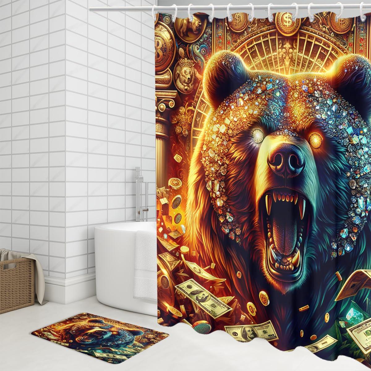 JretailAx Cool Cabin Wildlife Bear 4 Piece Shower Curtain Sets,Modern 100 Dollar Bill Cash Theme Angry Bear Non-Slip Rugs,Toilet Lid Cover and Bath Mat,Durable and Waterproof,for Bathroom Decor Set