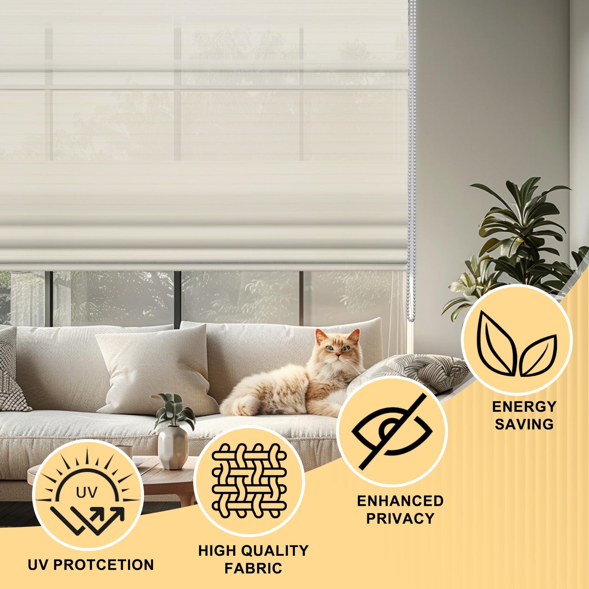 PQRSHADE PQRSHADE Light Filtering Roman Shades for Interior Windows, Heat Blocking Custom Roman Blinds for French Door Window,94" W x 72" H,Beige