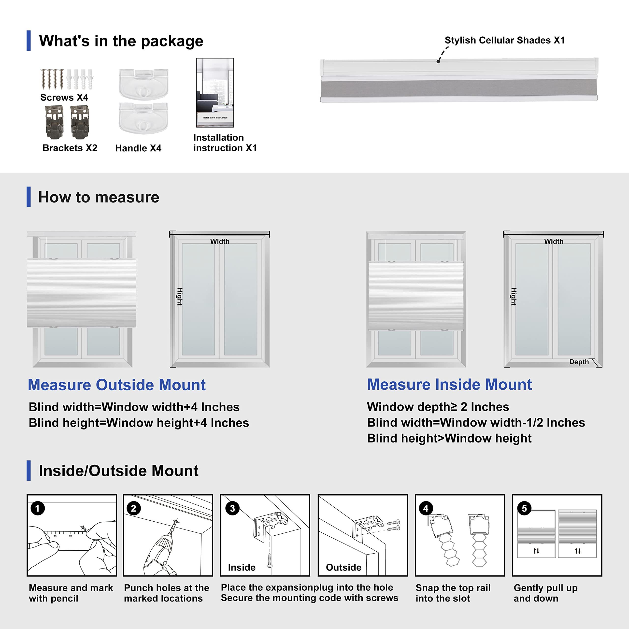 BERISSA BERISSA Top Down Bottom Up Blackout Cellular Shade Cordless Honeycomb Blinds Fabric Window Shades Thermal Insulation Cellular Blinds Easy Install,Gray,33" W x 40" H