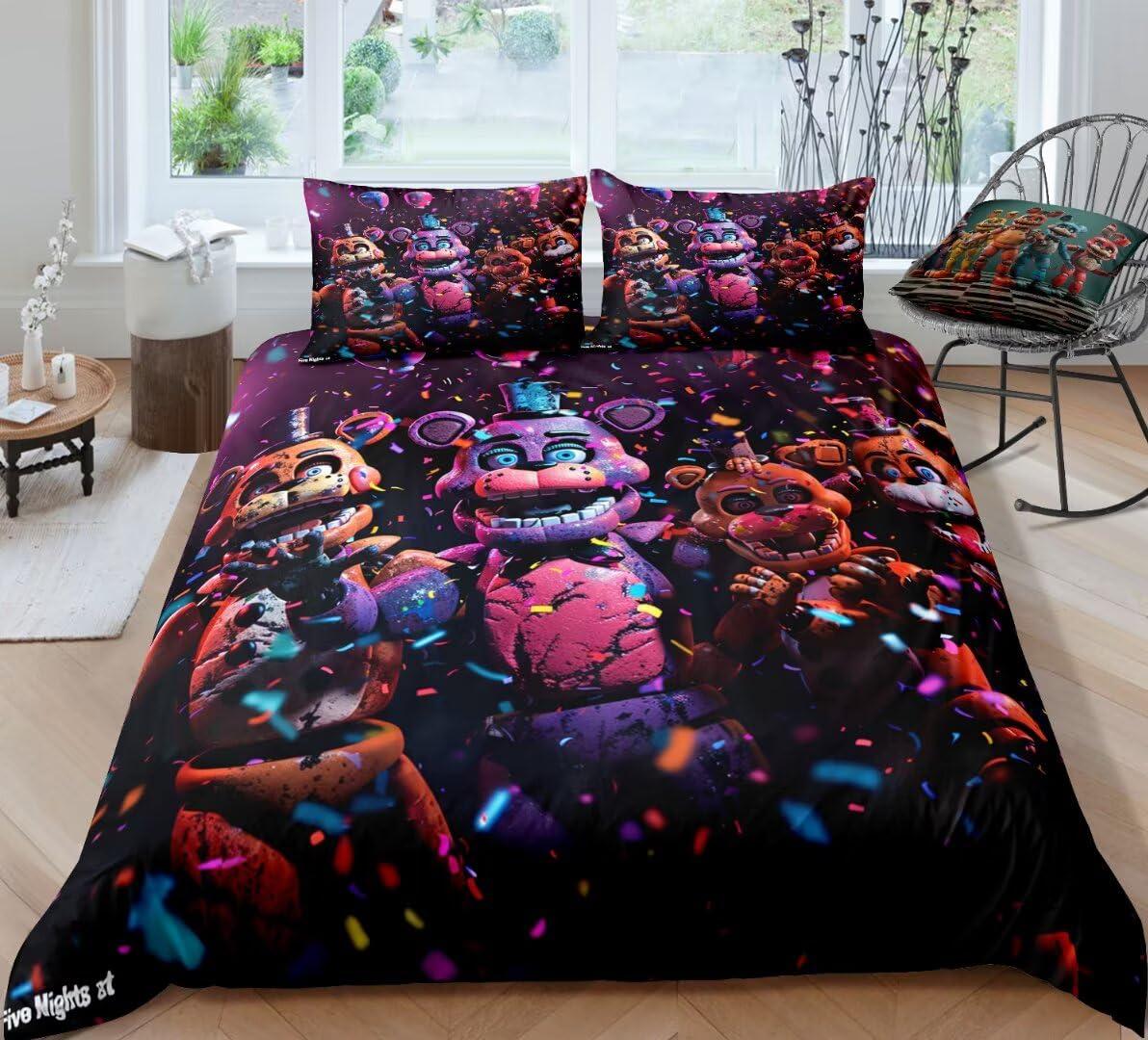 FNAFfans Full Five Nights Favors Bedding Sets Duvet Cover FNAF Soft Microfiber 3 Pieces Bed Set Collection for Girls Boys, No Comforter 05