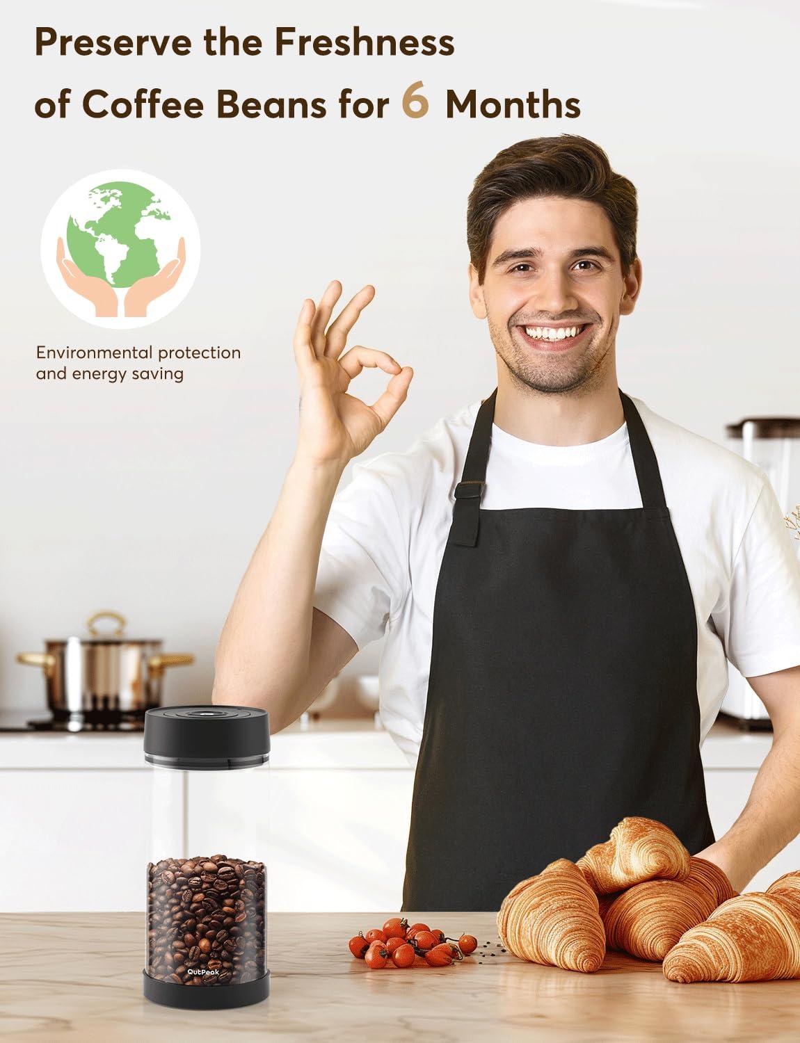 OUTPEAK OUTPEAK Neo 6-Month Fresh Coffee Bean Storage, Auto Vacuum Coffee Canister, 1.35L for 17.6oz Coffee Beans, One-Button Operation,Large Airtight Coffee Canister with Scoop,Coffee Storage Container Glass