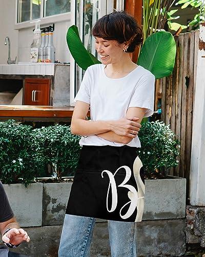 Anzona Halloween Server Aprons with 3 Pockets, White Boo Ghost Classic Black Waist Aprons for Women Men, Waitress Waiter Half Apron for Kitchen Chef Cooking