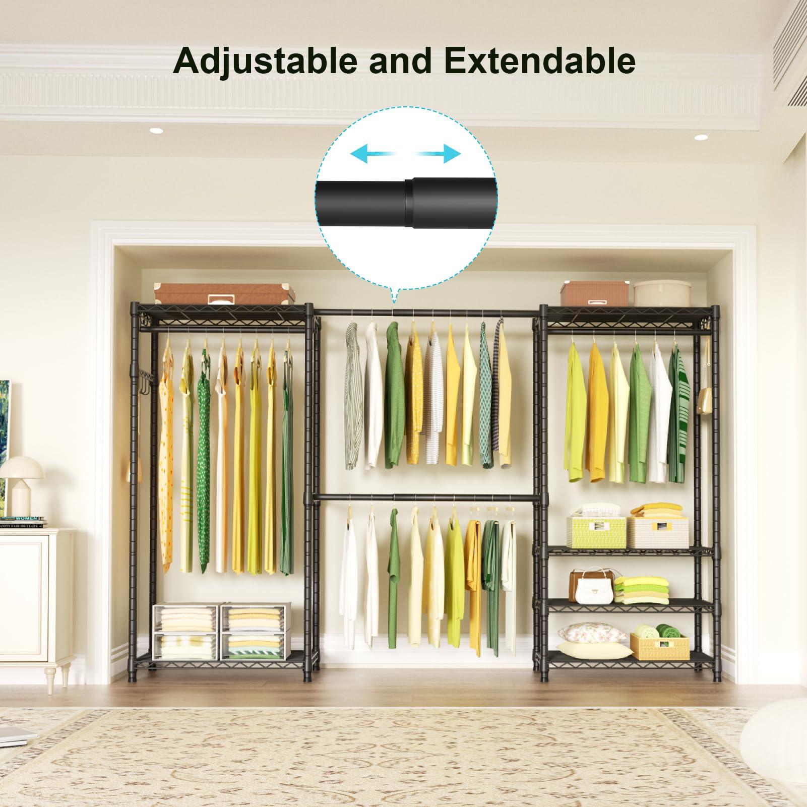 Ulif Ulif E1 Heavy Duty Closet Garment Rack, 6 Tiers Adjustable Metal Freestanding Expandable Clothing Storage with 4 Hanger Rods, Easy to Assemble Wardrobe, 71.4" H x (70" - 88.2") L x 14" D, Black