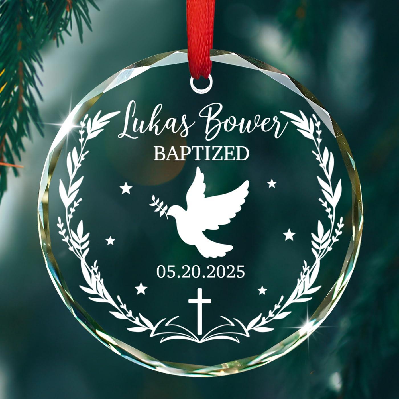 Cenluxy Baptized Glass Ornament Christmas, Personalized Baptism Ornament, Christening Xmas Ornament Gift for Godson Goddaughter from Godparents, Custom Name & Date Christening Ornament, Baby Baptism Ornament