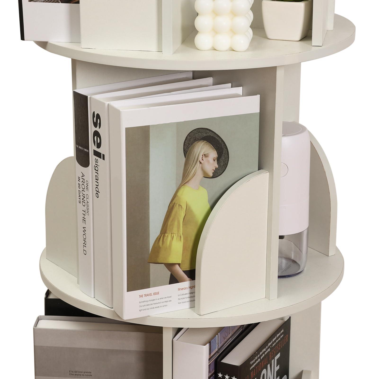 Makamsui Makamsui Rotating Bookshelf, 4 Tier Rotating Bookshelf Tower Floor Standing Bookcase, Small Corner Bookshelf Storage Rack for Small Space, Wood Narrow Book Shelf Organizer for Bedroom, Living Room Wh