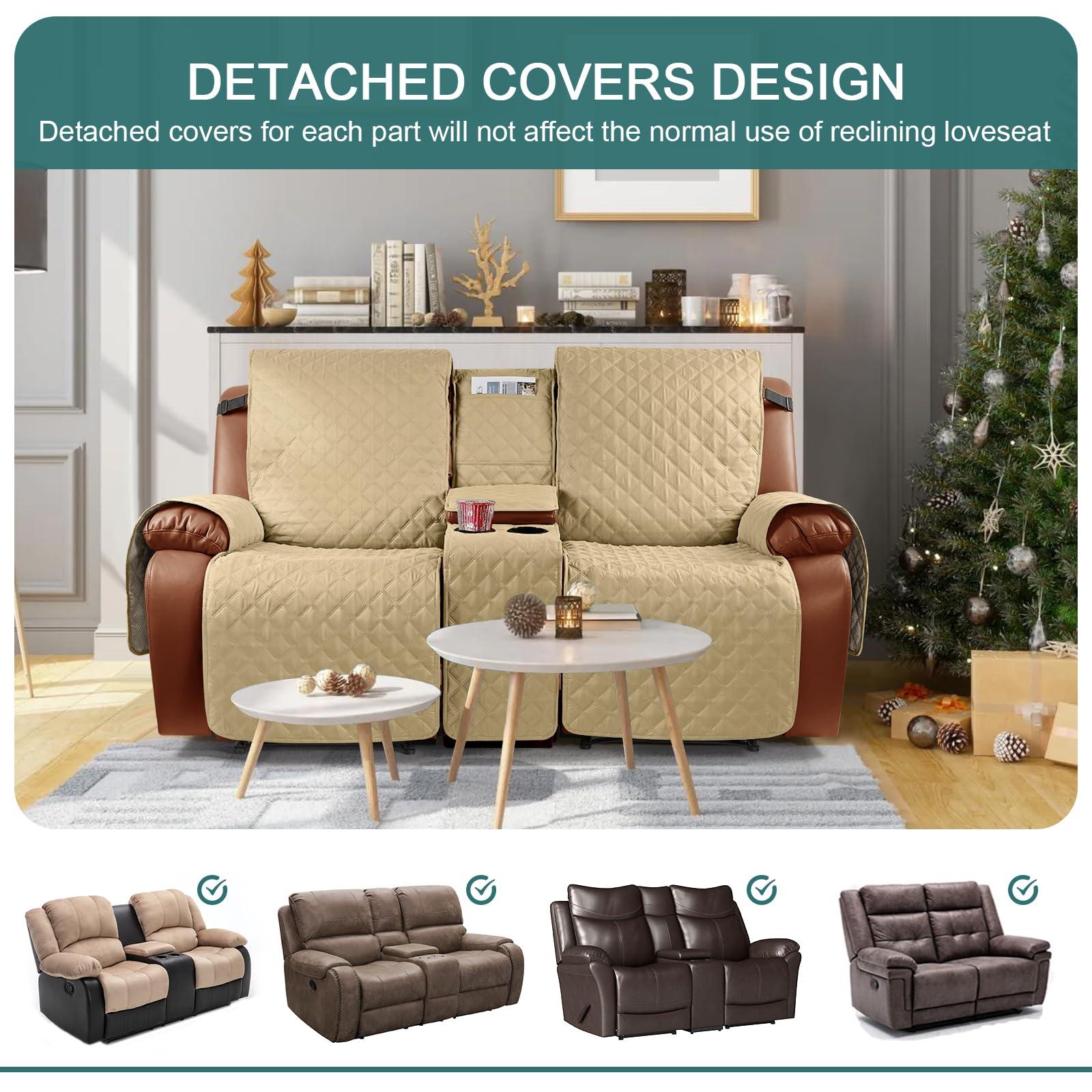 Ruaozz Ruaozz Waterproof Recliner Loveseat Cover with Console Non-Slip Couch Covers for Reclining Couches Pet Cover for Double Recliner Sofa Cover with Elastic Straps for Kid Dogs Pets (Sand, 2 Seater)