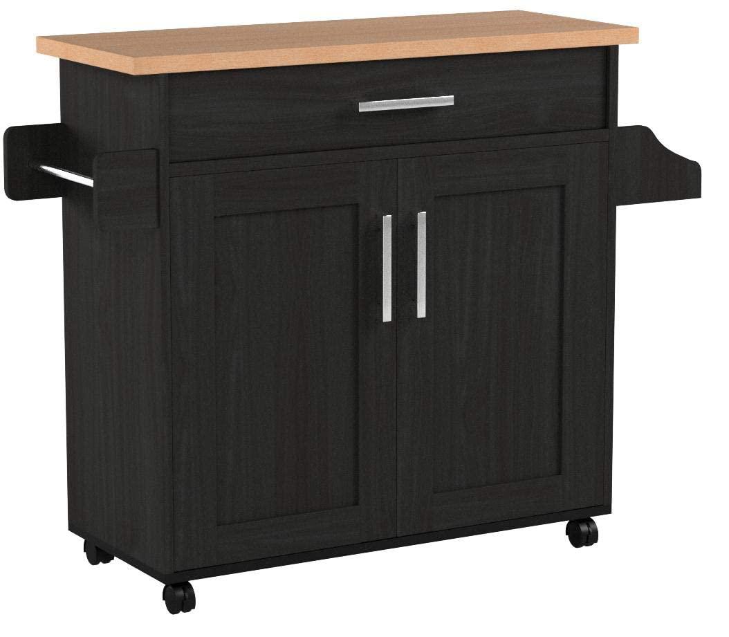 Hodedah Hodedah Kitchen Island with Spice Rack, Towel Rack & Drawer, Black with Beech Top
