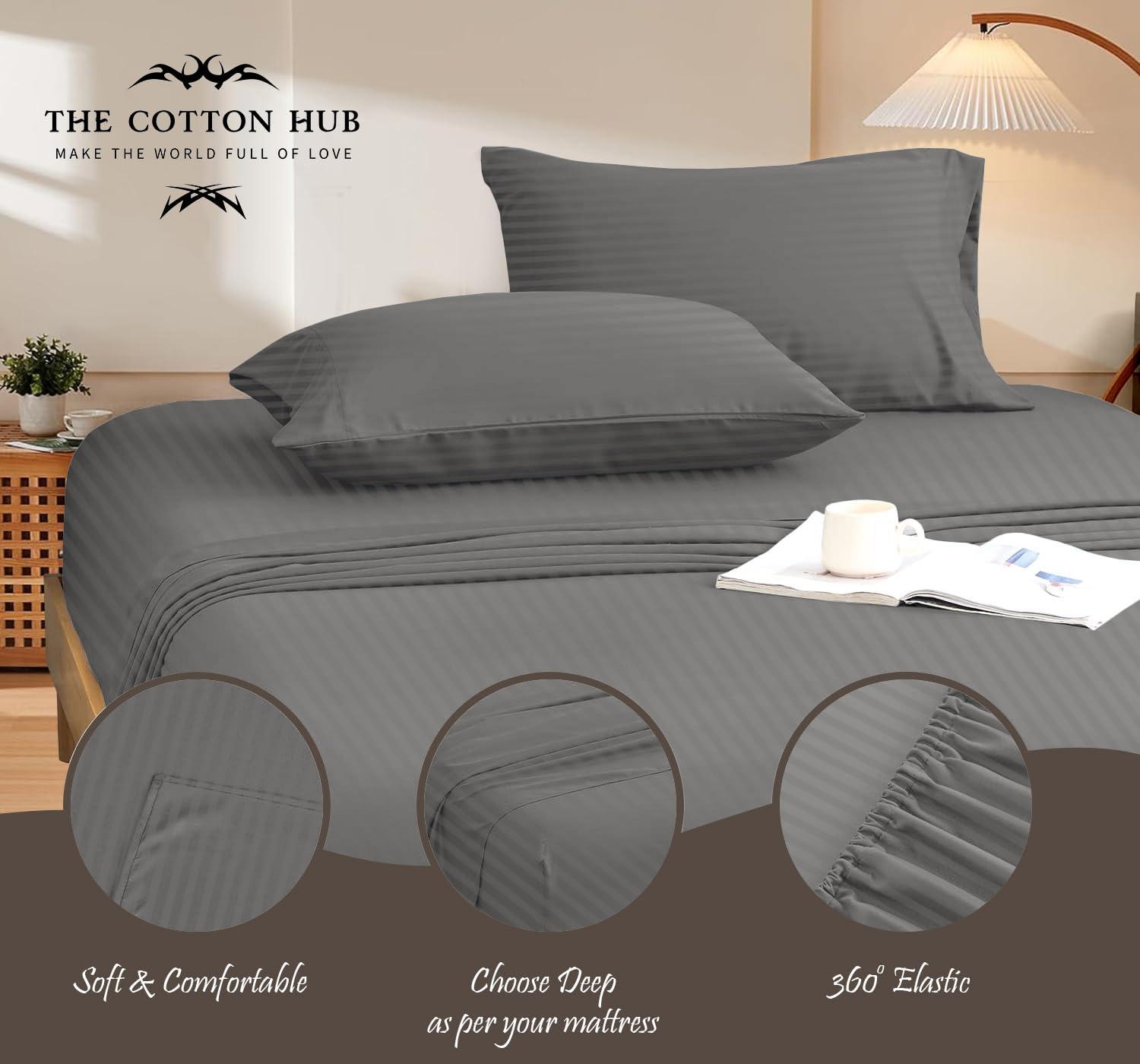 The Cotton Hub The Cotton Hub Twin-XL Size 4-Piece Sheet Set - Luxurious 600-Thread-Count Bedding Sheets & Pillowcases - Ultra Soft Bed Sheets - Deep Pocket fits up to 22-26 inch Mattress (Stripe, Grey)