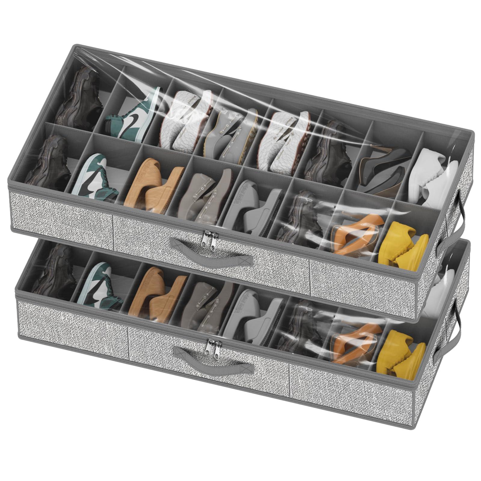homyfort 32 Pairs Shoe Organizer Under Bed, Underbed Shoe Storage Boxes Bins, Organizador De Zapatos, Extra Large Zapateras Organizer, Grey, Set of 2