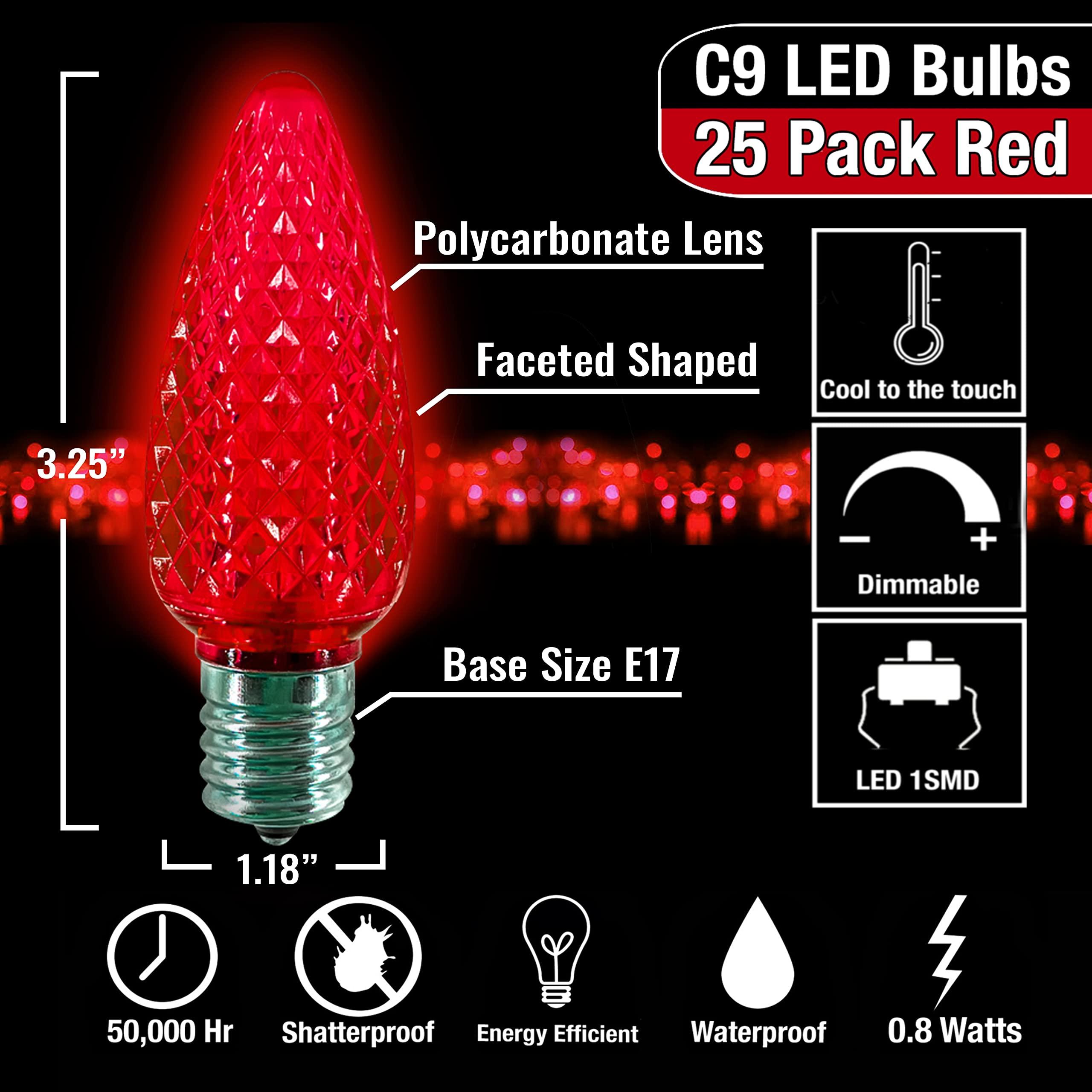 MIK Solutions MIK Solutions C9 LED Bulb (Pack of 25) LED RED Replacement Christmas Light Bulbs Faceted Retrofit Candle Shape Commercial Grade E17 Socket Roof Lights Bulbs