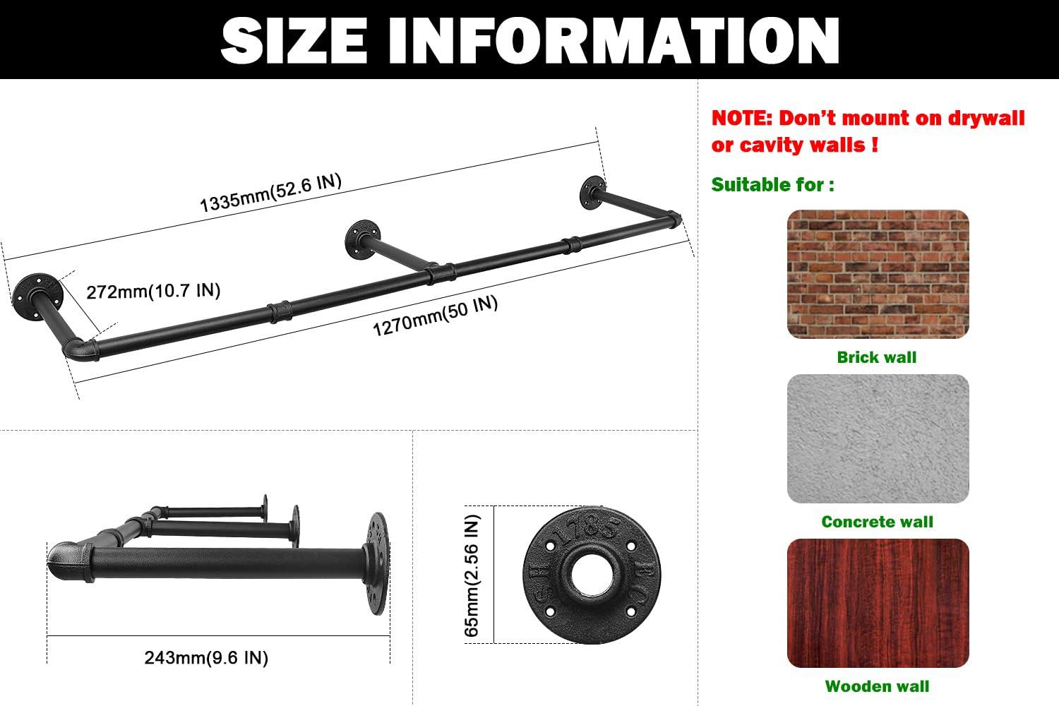 Livabber Livabber Industrial Pipe Clothes Rack, Heavy Duty Detachable Iron Garment Rack Wall Mounted, Rustic Saving Space Clothes Bar Multi-Purpose Hanging Rod for Bedroom, Closet, Black (50 Inch)