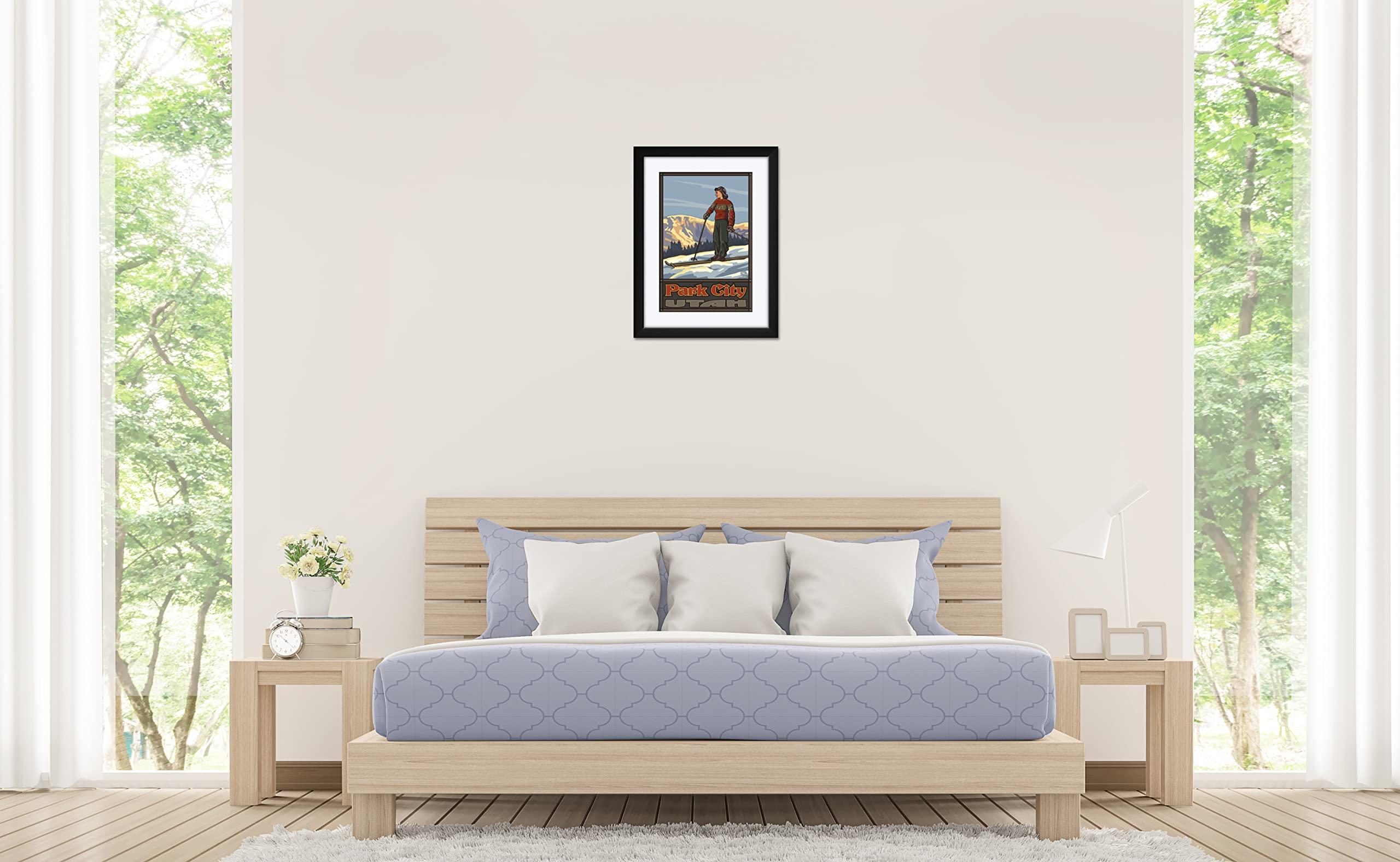 Art of Place Park City Utah Girl Skier Standing Sunset Professionally Framed & Matted Art Print from Travel Artwork by Artist Paul A. Lanquist Framed Art Size: 18\" x 24\"