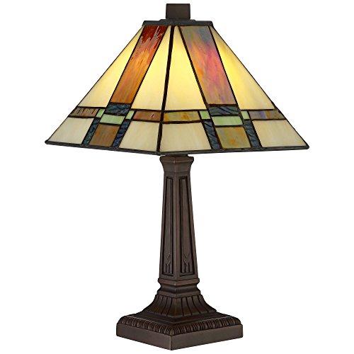 Robert Louis Tiffany Robert Louis Tiffany Morris Mission Antique Tiffany Style Mini Accent Table Lamp LED 14 1/4\" High Warm Brown Art Deco Stained Glass Shade Decor for Bedroom House Bedside Nightstand Home Office